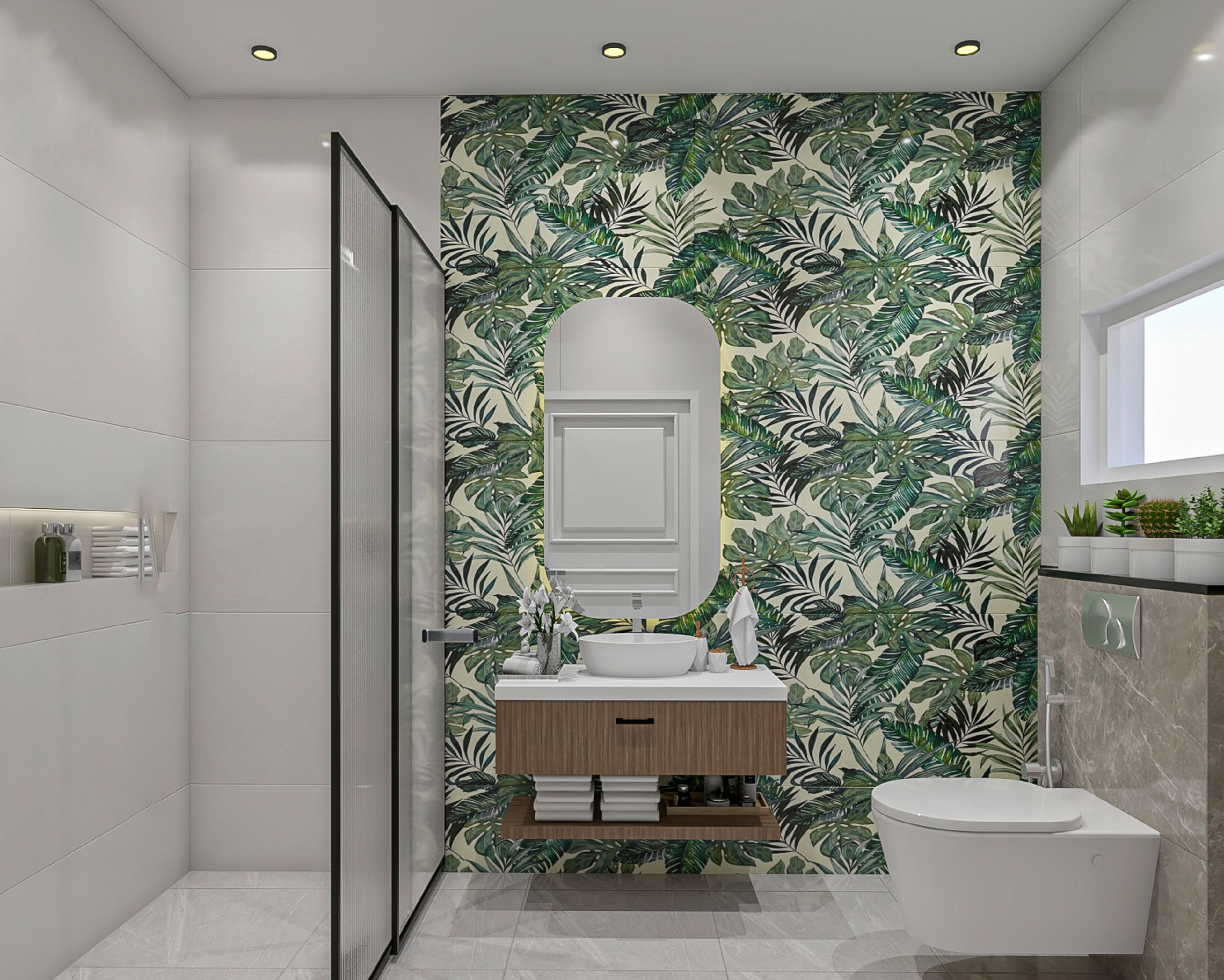 Bathroom Design with Rectangular Mirror, Wooden Drawer, Tropical Theme Wallpaper and Glass Partition Shower Area