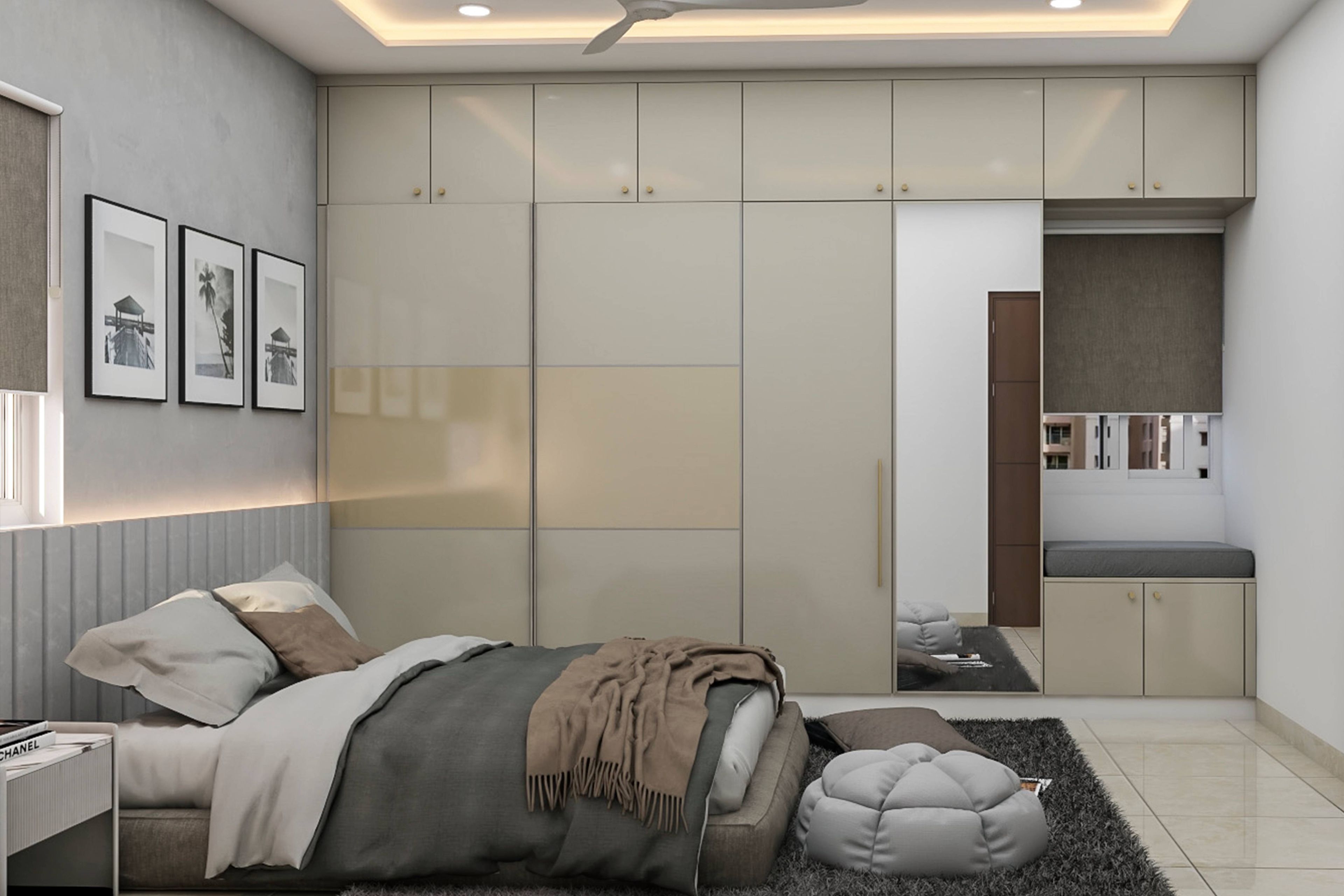 Guest Bedroom Design with 2-Door Sliding Wardrobe and 2-Door Swing Wardrobe with Integrated Mirror and Seating Bench