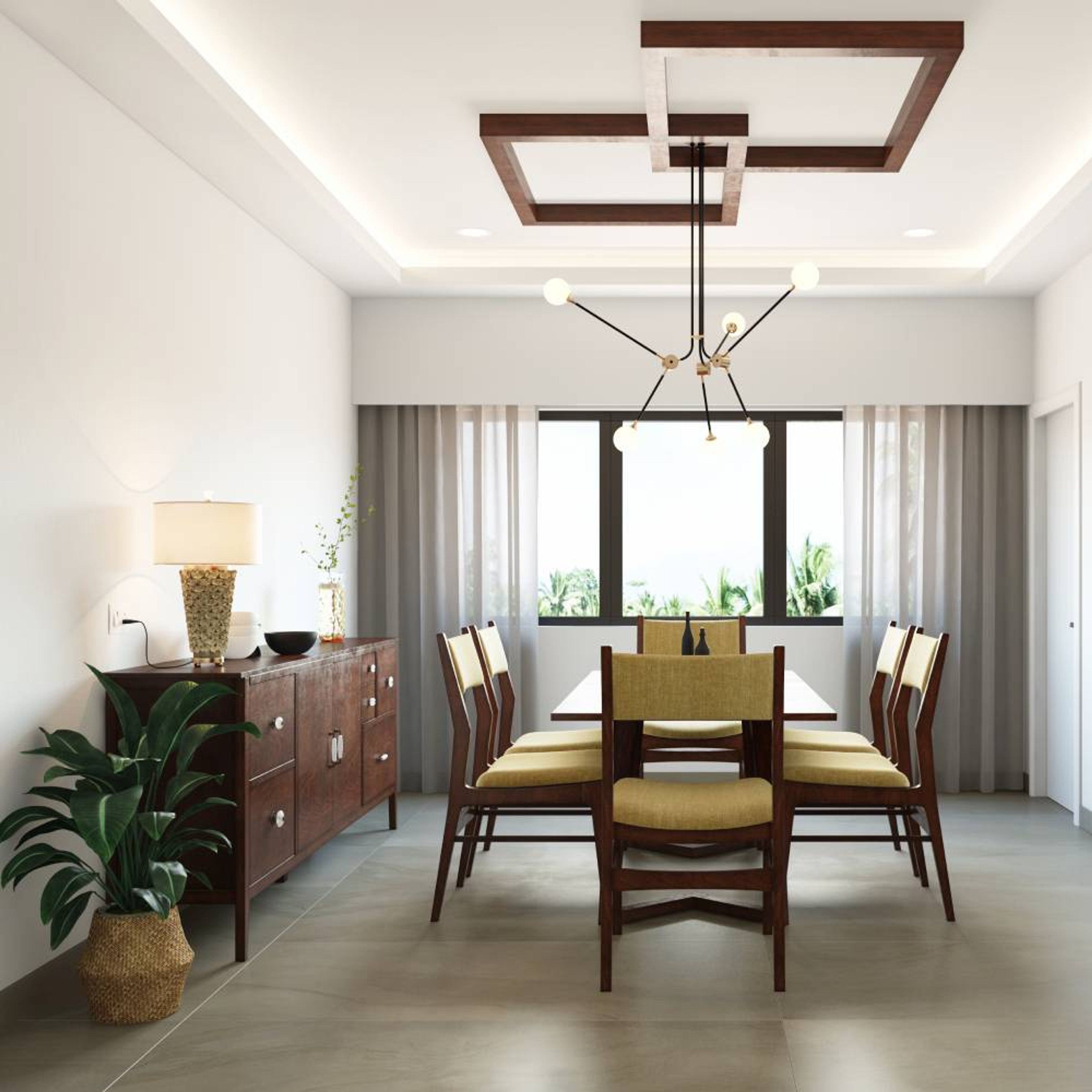 6-Seater Dining Room Design with Wooden Top Table, Yellow Cushioned Chairs, Chandelier and Wooden Storage Unit