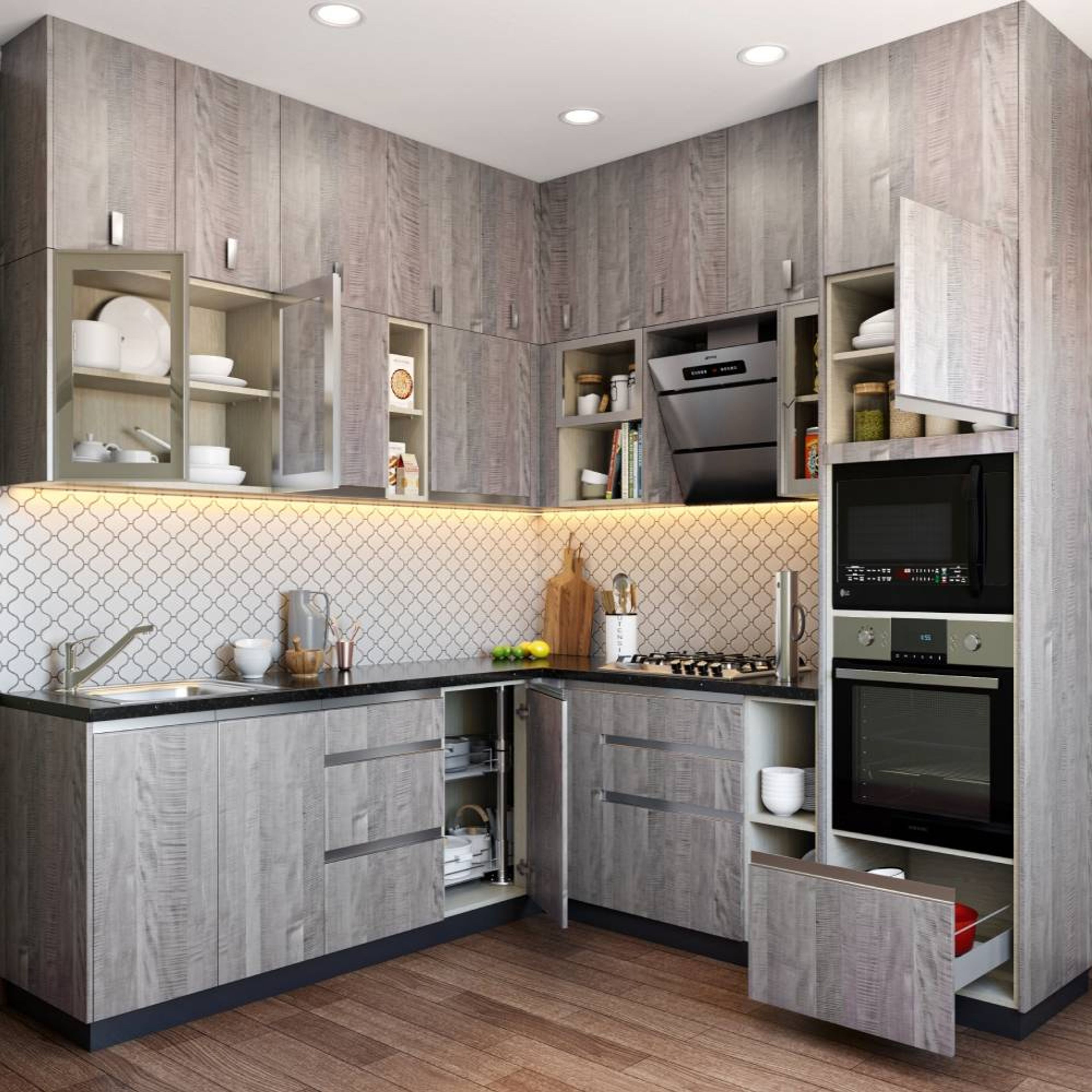 L-Shaped Modular Kitchen Design with Wooden Grey Textured Base and Wall Units and Granite Countertop