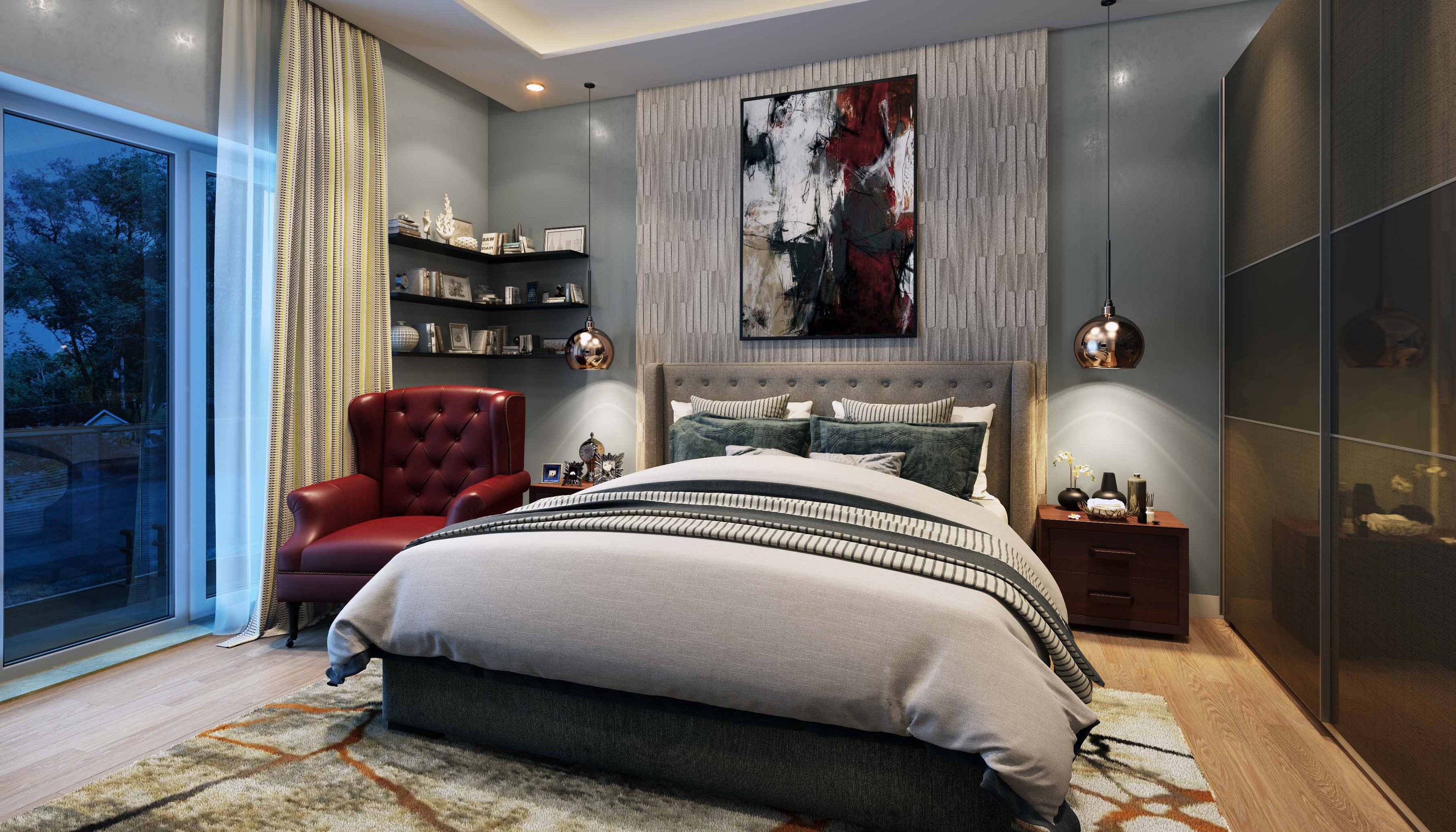 Master Bedroom Design with 2-Door Sliding Wardrobe, Red Leather Accent Chair, and Grey Patterned Headboard Wall
