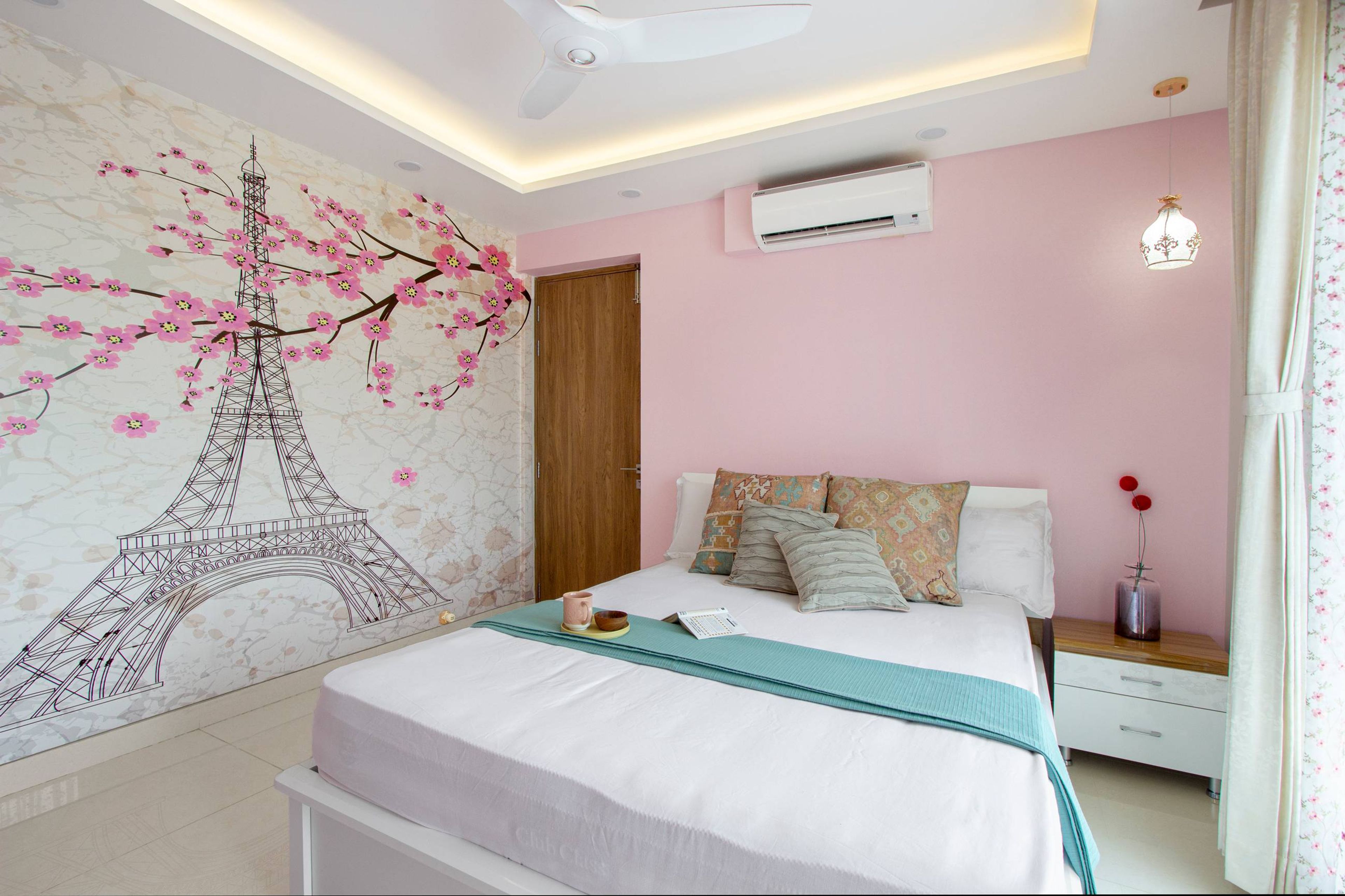 Kids Bedroom Design with Pink Wall, Eiffel Tower and Cherry Blossom Wallpaper and Spotlights and Cove Lights