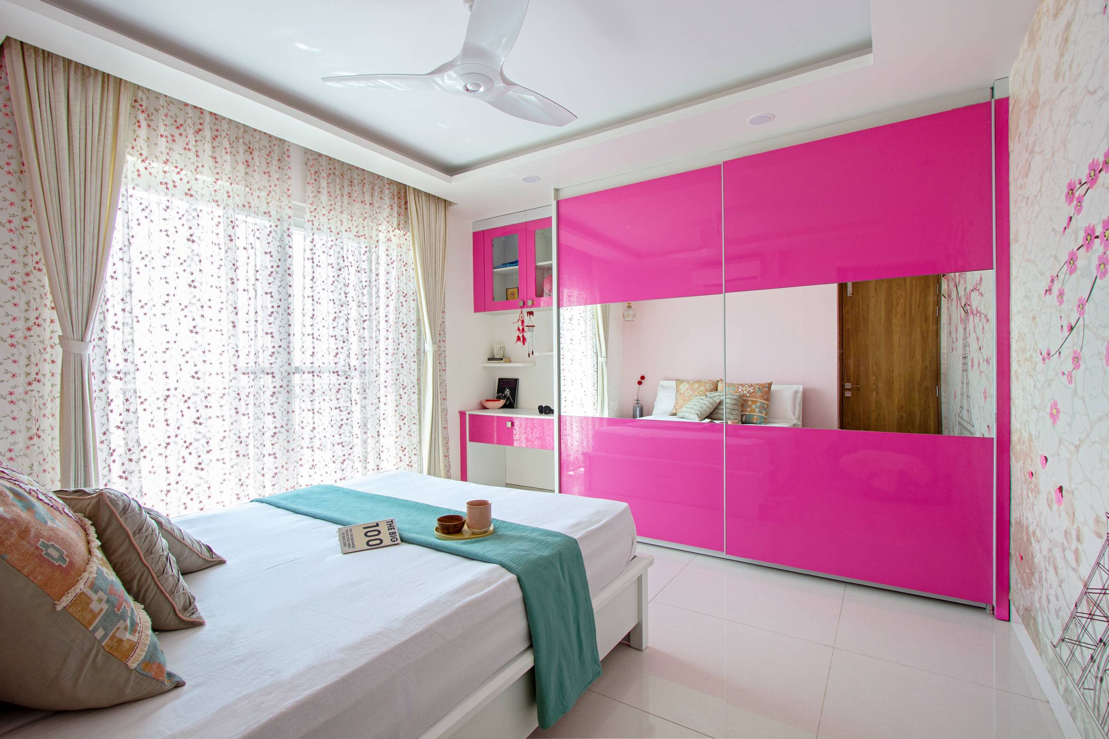 Kids Bedroom Design with Bright Pink 2-Door Sliding Wardrobe and Bright Pink Study Space