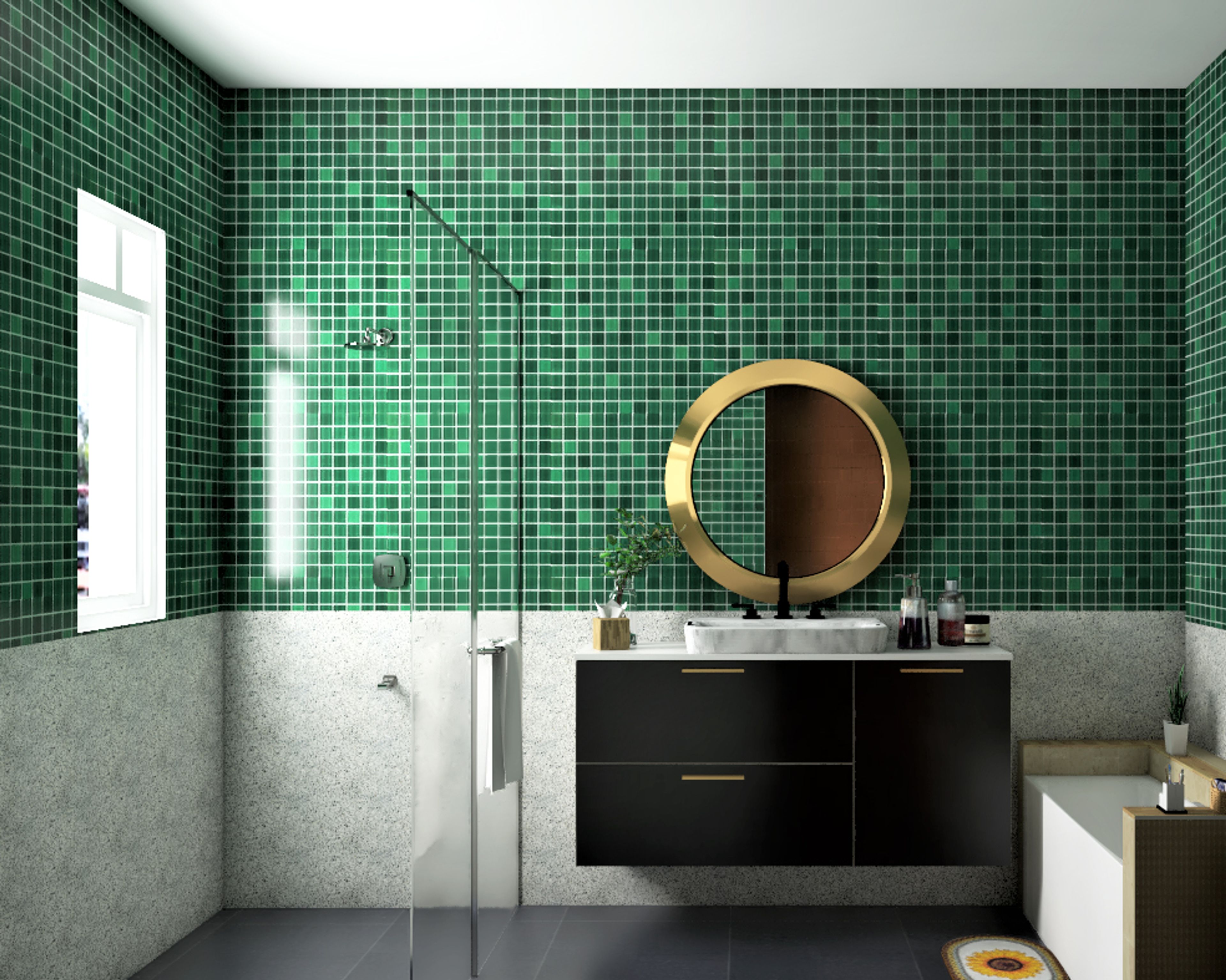 Green Bathroom Design with Round Mirror, Black Drawer, Green Tiles and Glass Partition Shower Area