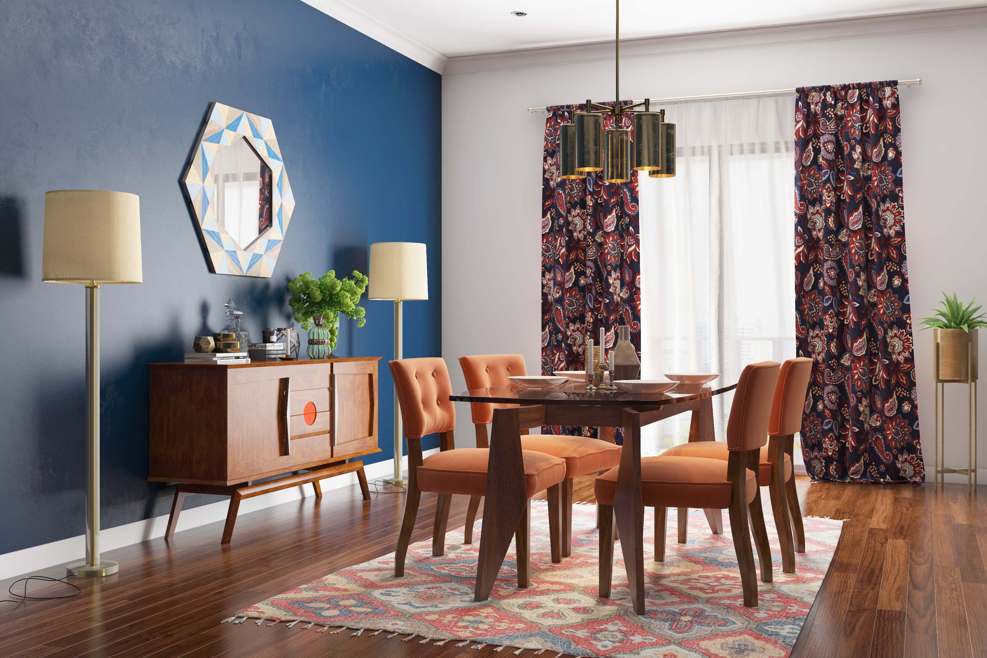 4-Seater Dining Room Design with Glass Top Table with Wooden Legs, Orange Cushioned Chairs, Dark Blue Wall and Wooden Storage Unit