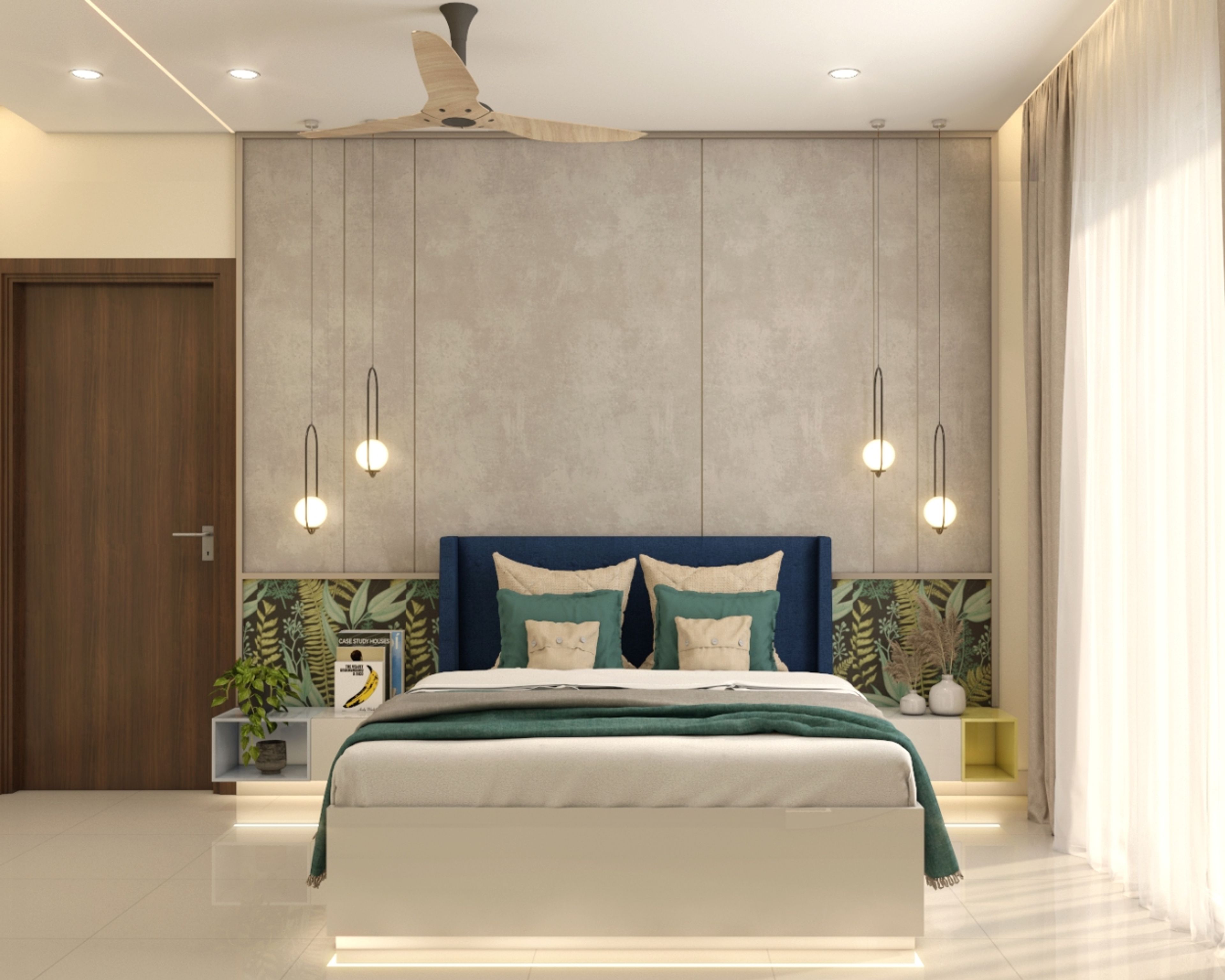 Guest Bedroom Design with Grey Textured Wall, Cove Lights, Spotlights and Hanging Lights