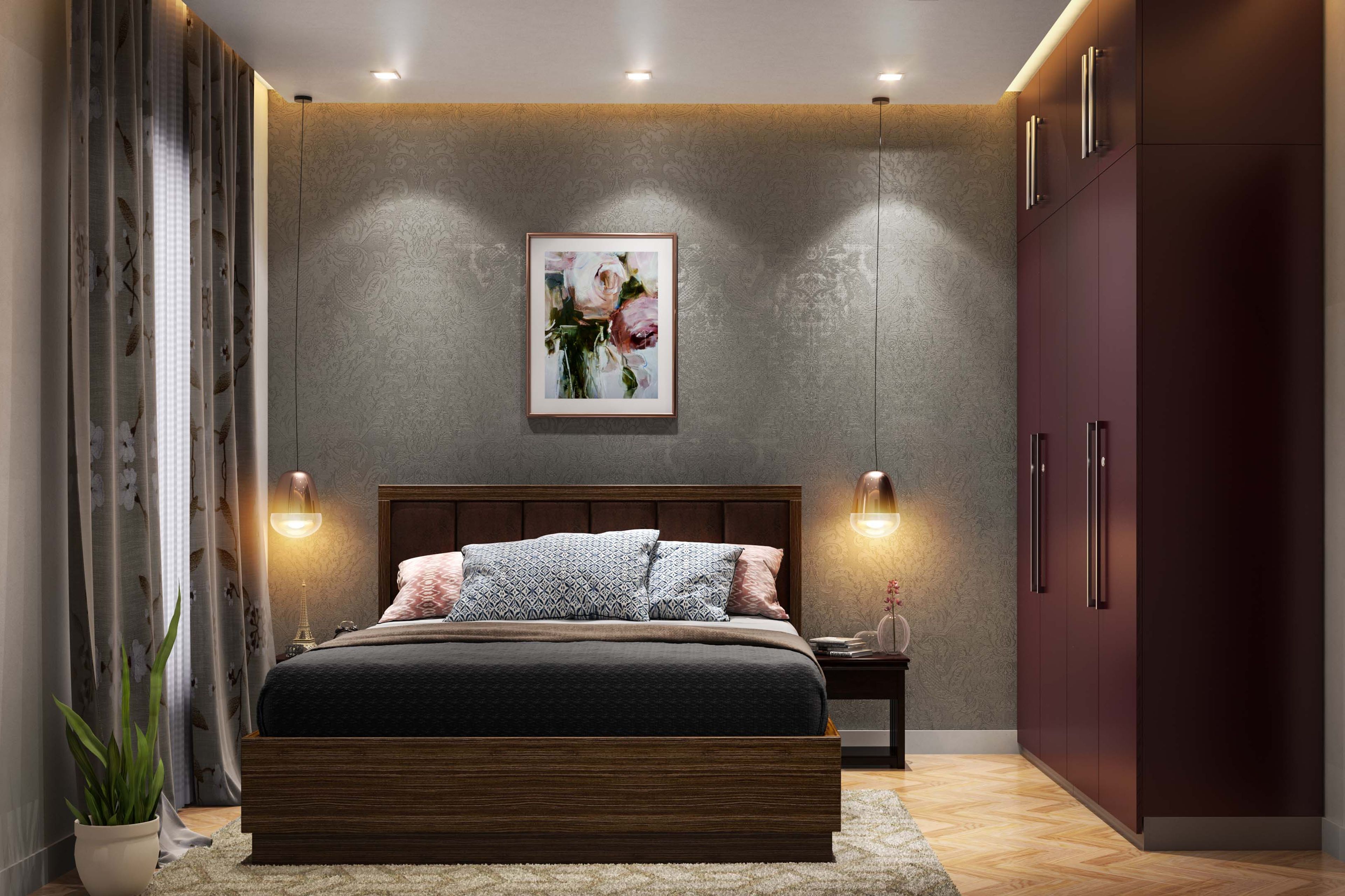 Guest Bedroom Design with 4-Door Swing Wardrobe with Integrated Mirror and Seating Bench
