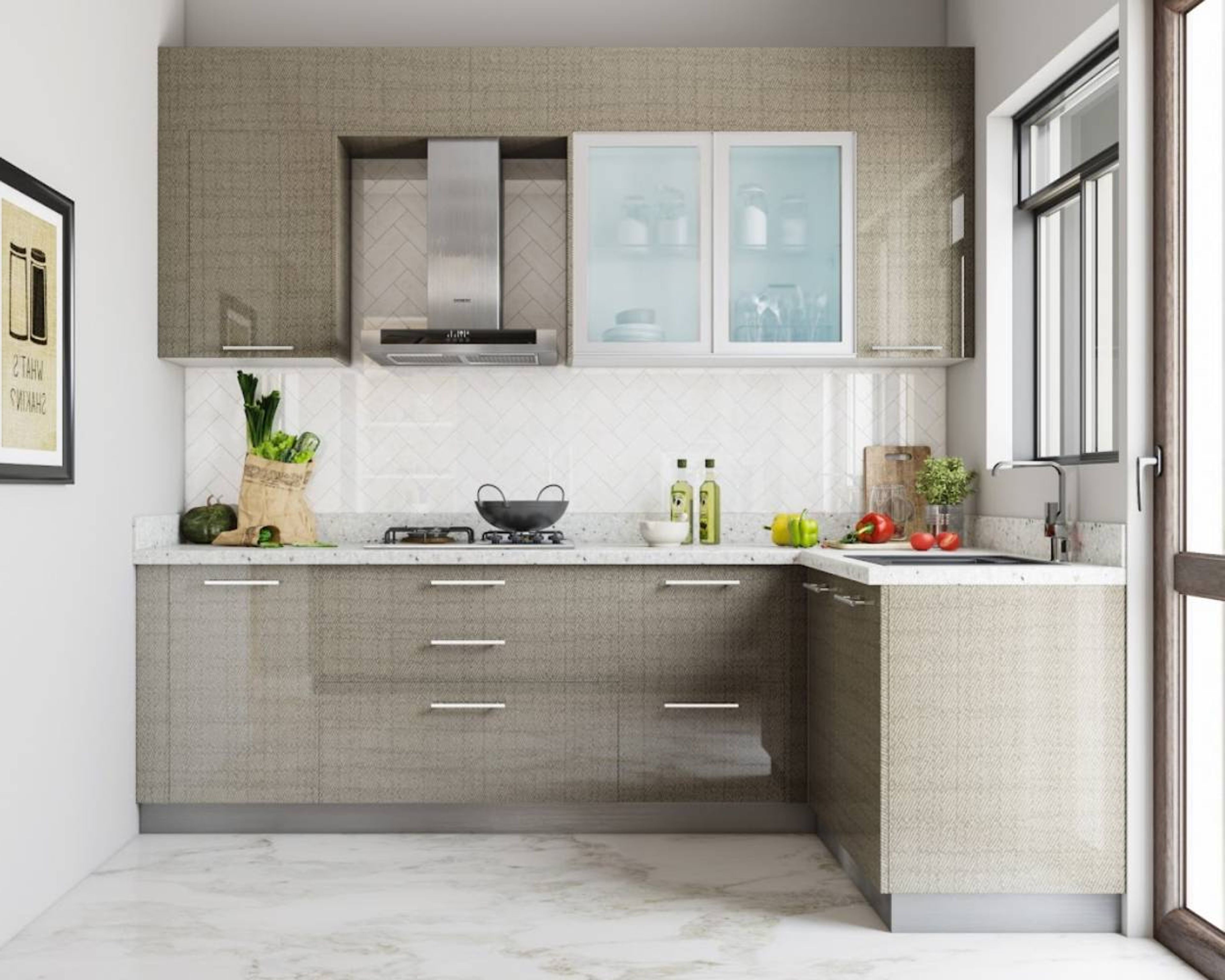 L-Shaped Modular Kitchen Design with Textured Grey Laminate Base and Wall Units, and Quartz Countertop