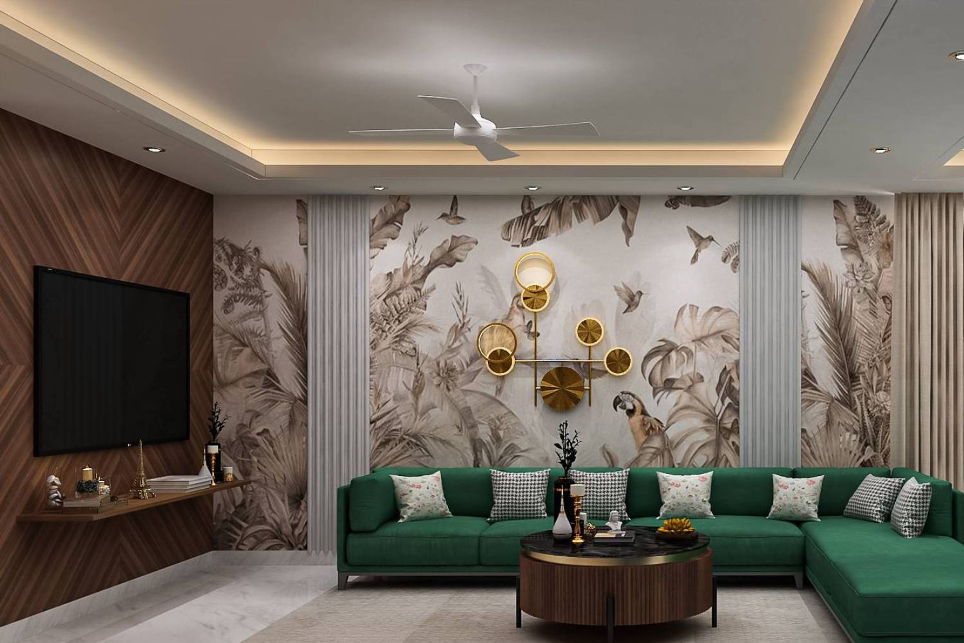 Living Room Design with Green L-Shaped Sofa,Wooden TV Unit, and Tropical Brown Wallpaper 