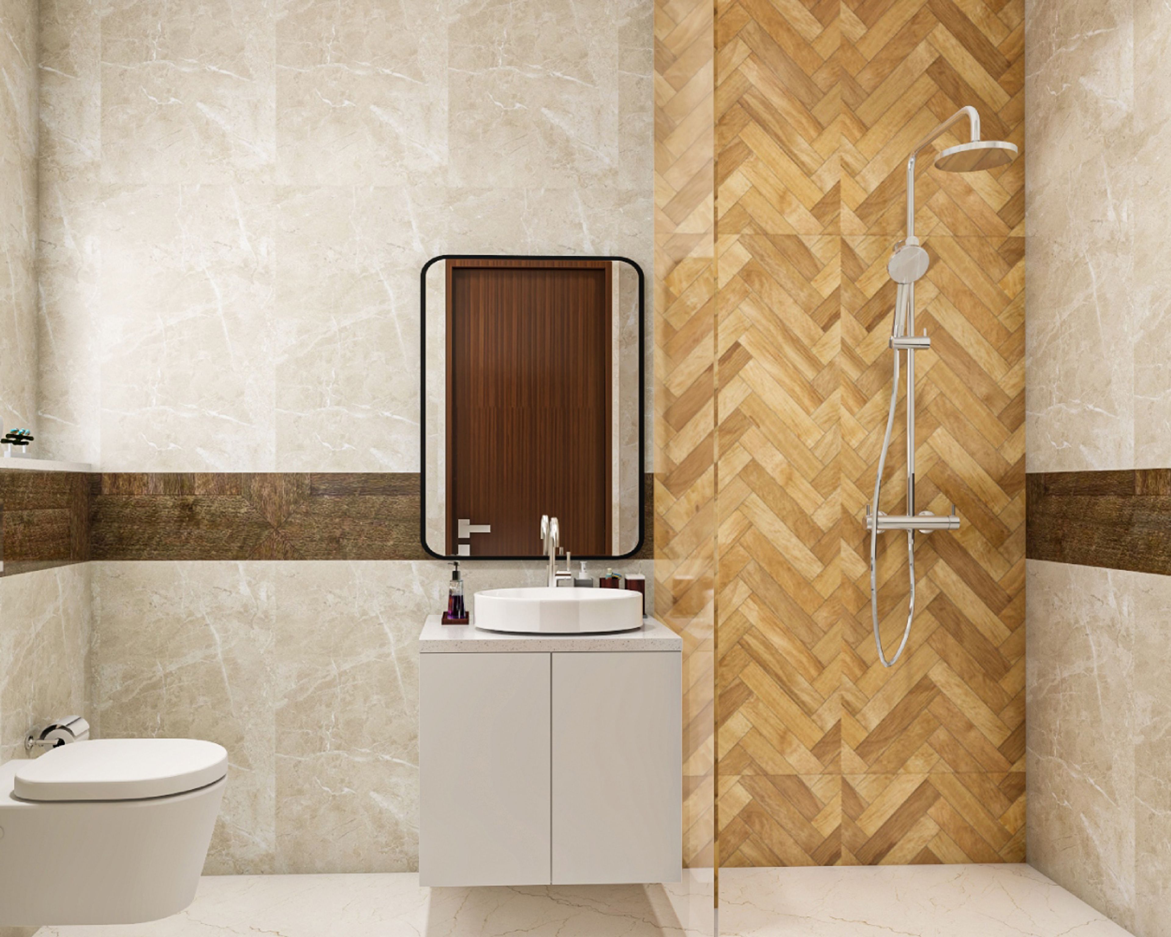 Bathroom Design with Rectangular Mirror, Wooden Drawer, Grey Patterned Tiles and Golden Fixtures 