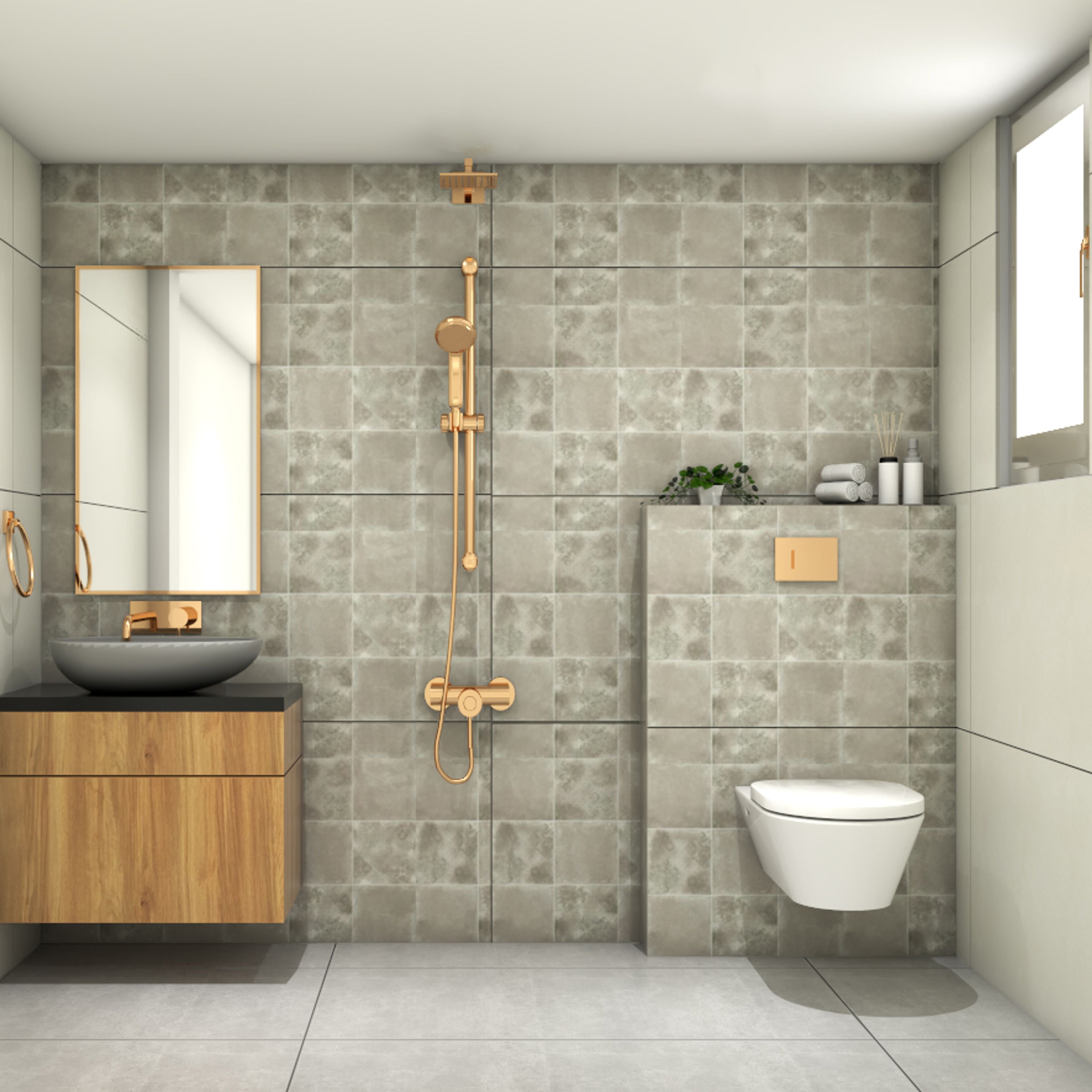 Bathroom Design with Rectangular Mirror, Wooden Drawer, Grey Patterned Tiles and Golden Fixtures 