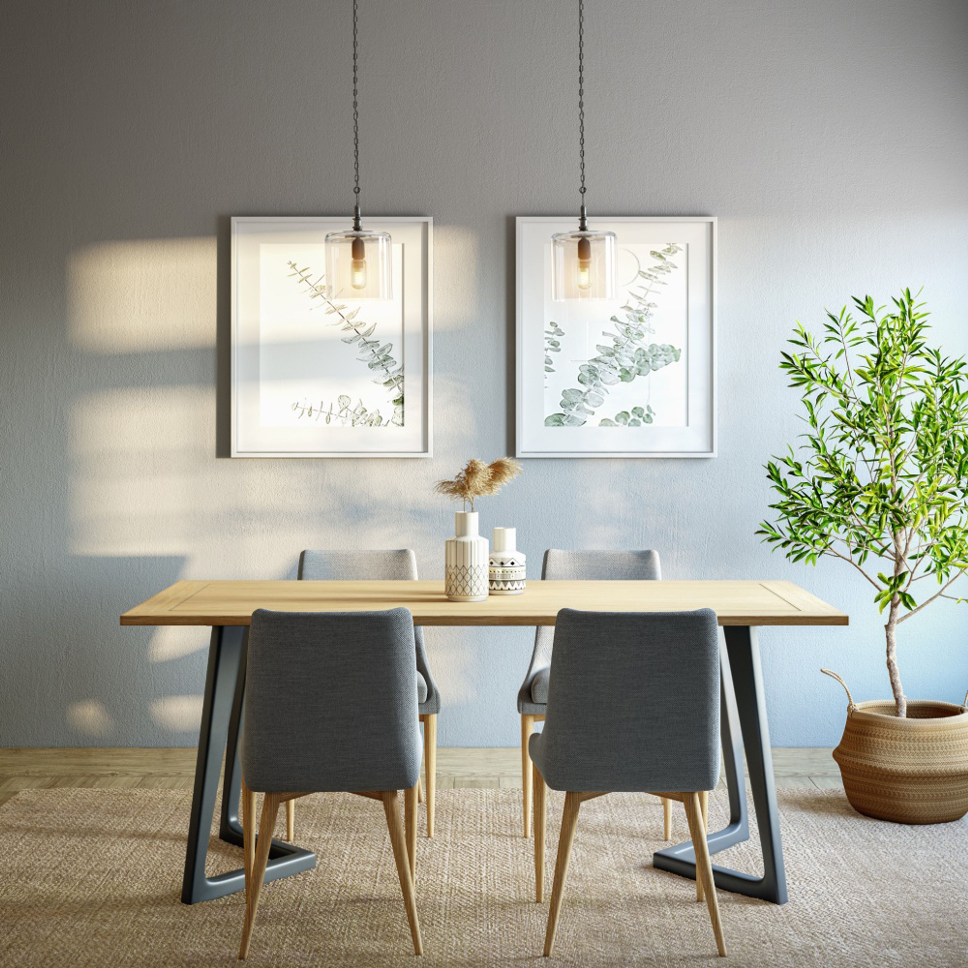 4-Seater Dining Room Design with Wooden Top Table, Grey Upholstered Chairs, and Grey Wall with Artwork