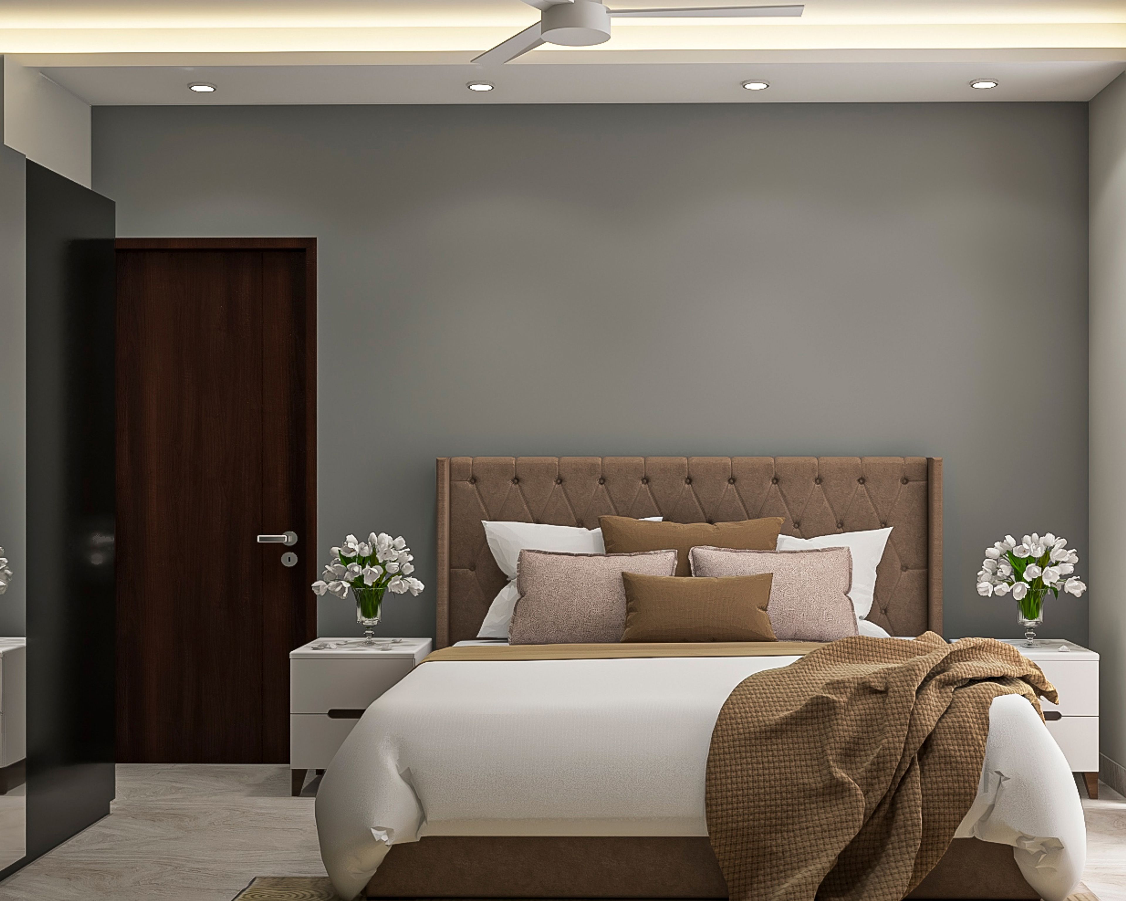 Guest Bedroom Design with Grey Wall, 2-Door Sliding Wardrobe and White Side Tables
