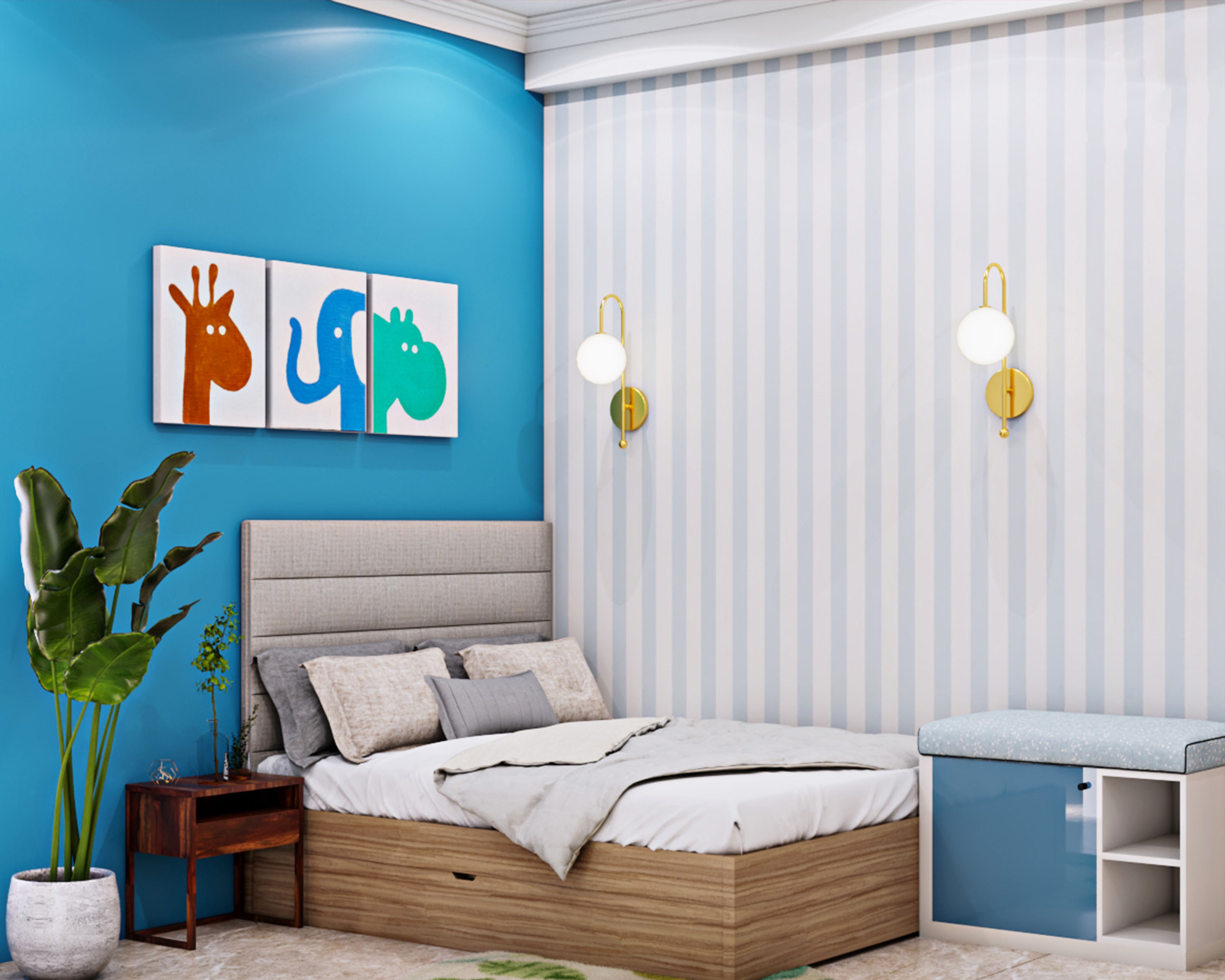 Kids Bedroom Design with Blue Wall, Light Blue and White Striped Wallpaper, Storage Bed, and Cushioned Seating Bench