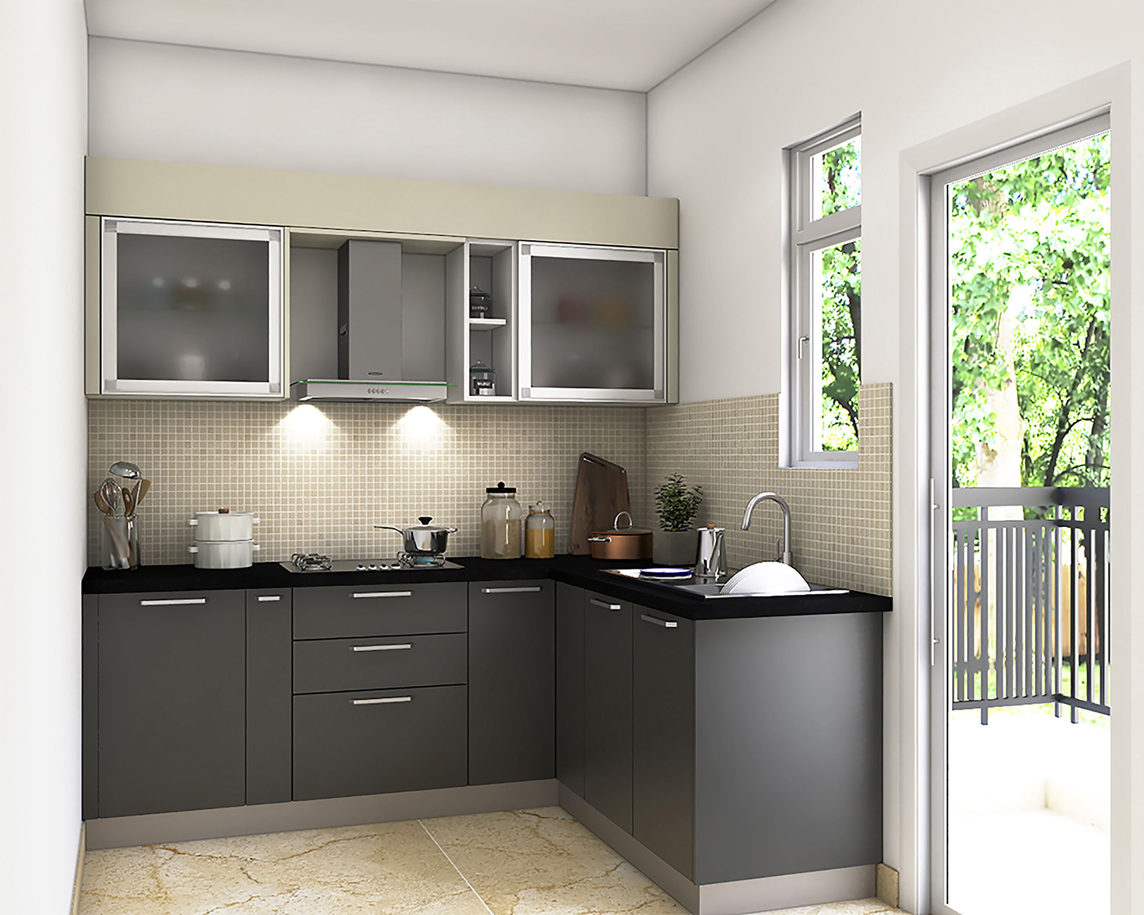 L-Shaped Modular Kitchen Design with Dark Grey Base Units, Off-White Wall Units and Granite Countertop