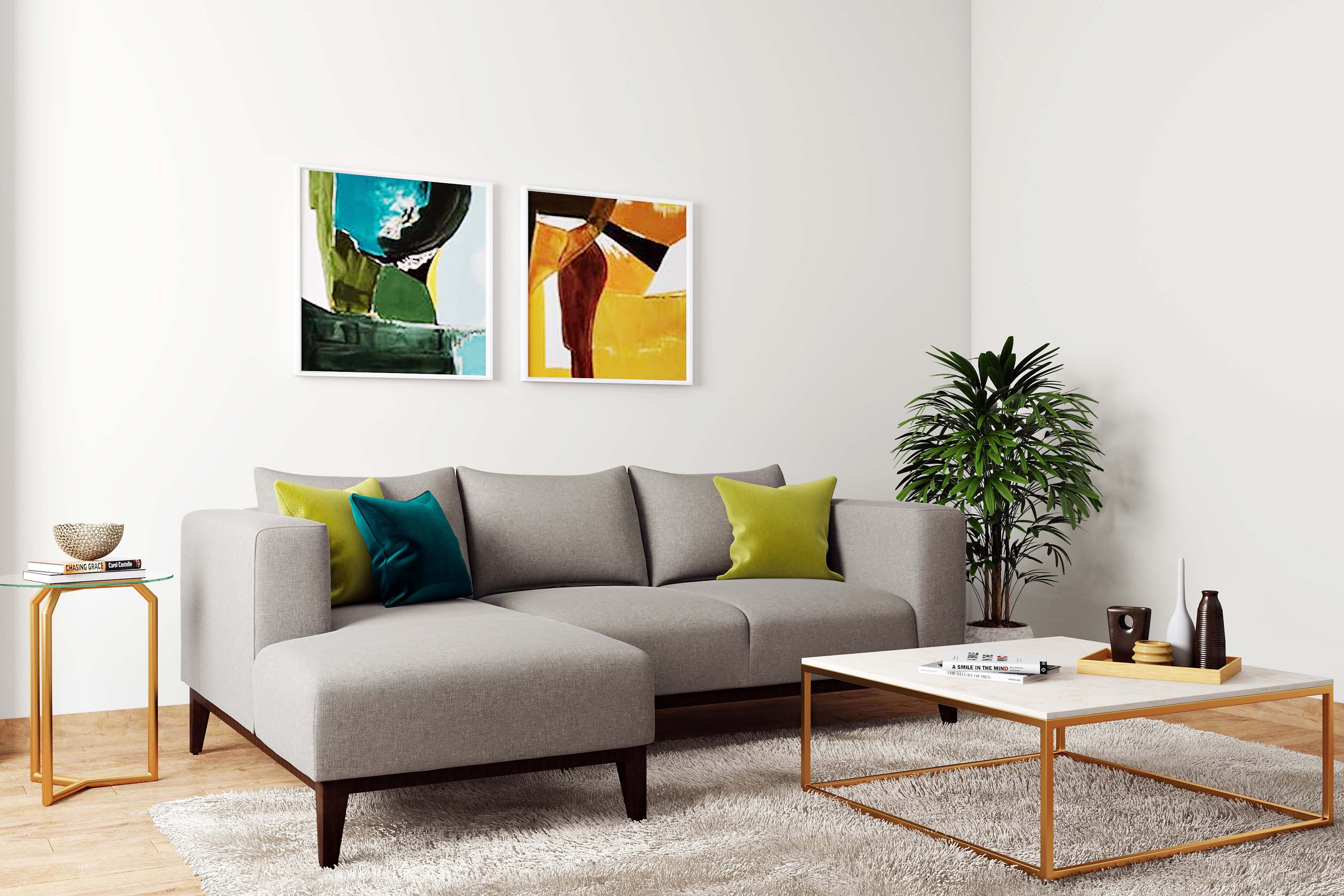 Living Room Design with L-Shaped Grey Sofa, Marble Top Table, and White Walls