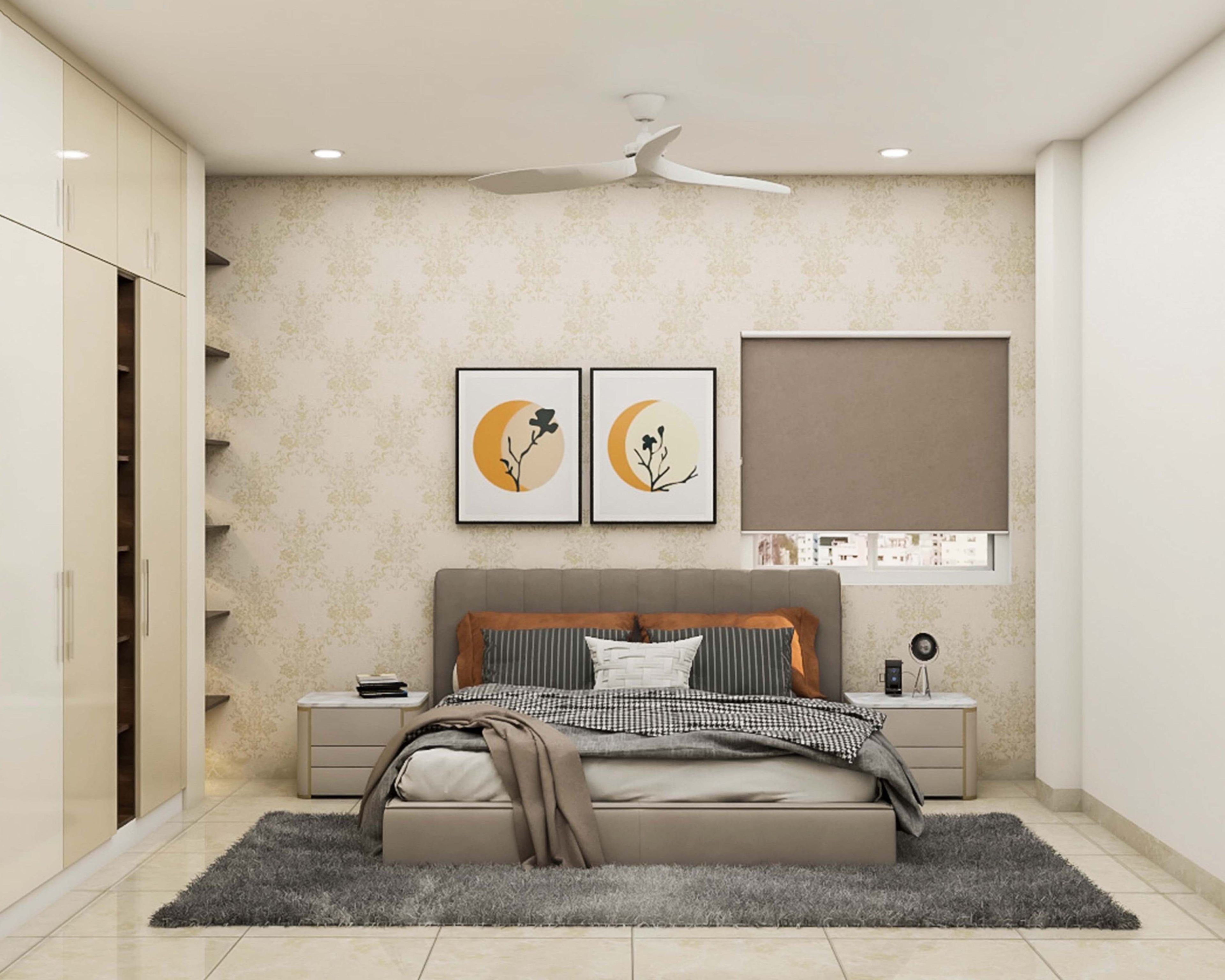 Master Bedroom Design with Beige Ethnic Motif Wallpaper, Large Window and 3-Door Swing Wardrobe