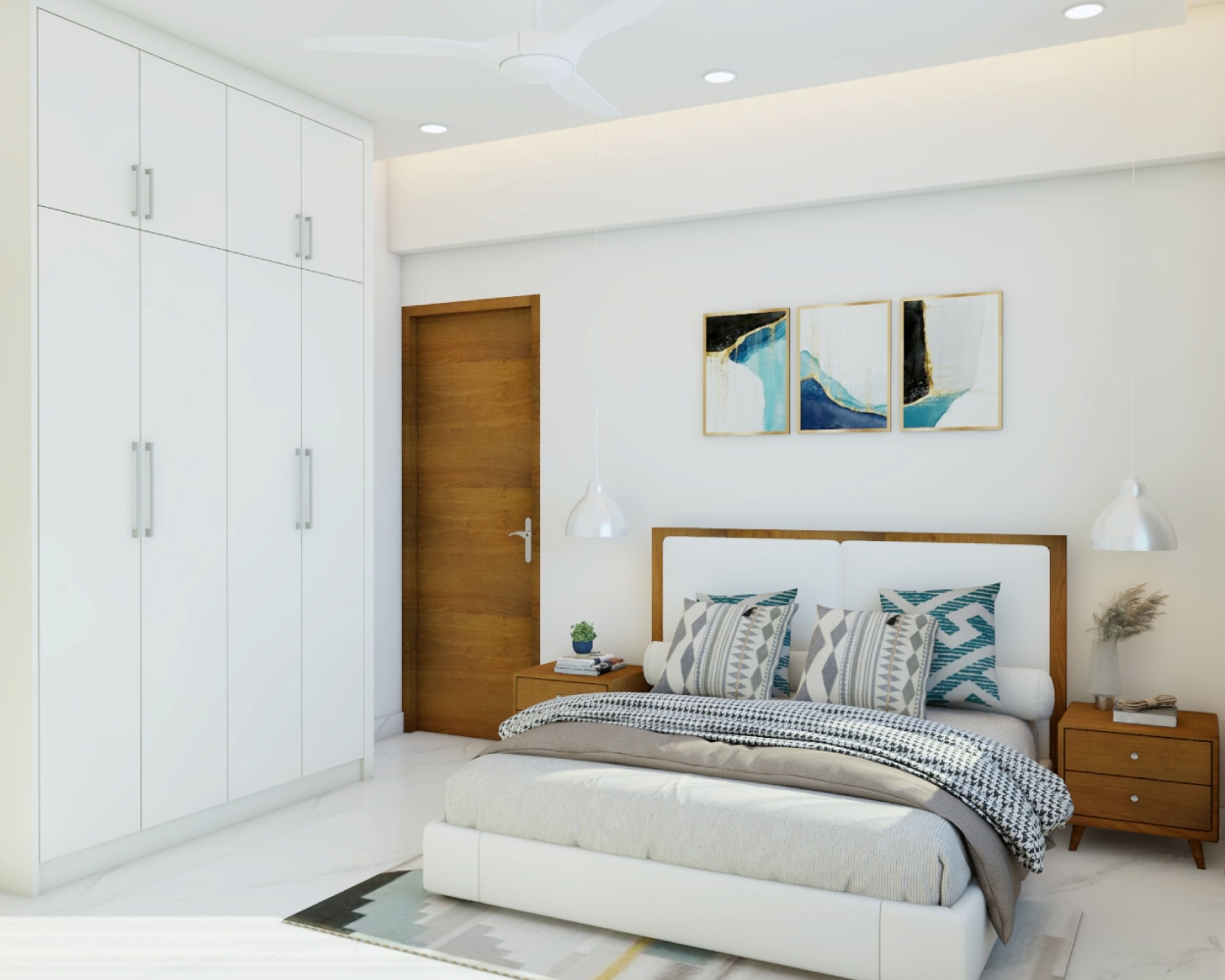 Guest Bedroom Design with 4-Door White Swing Wardrobe, White Wall and Wooden Side Tables