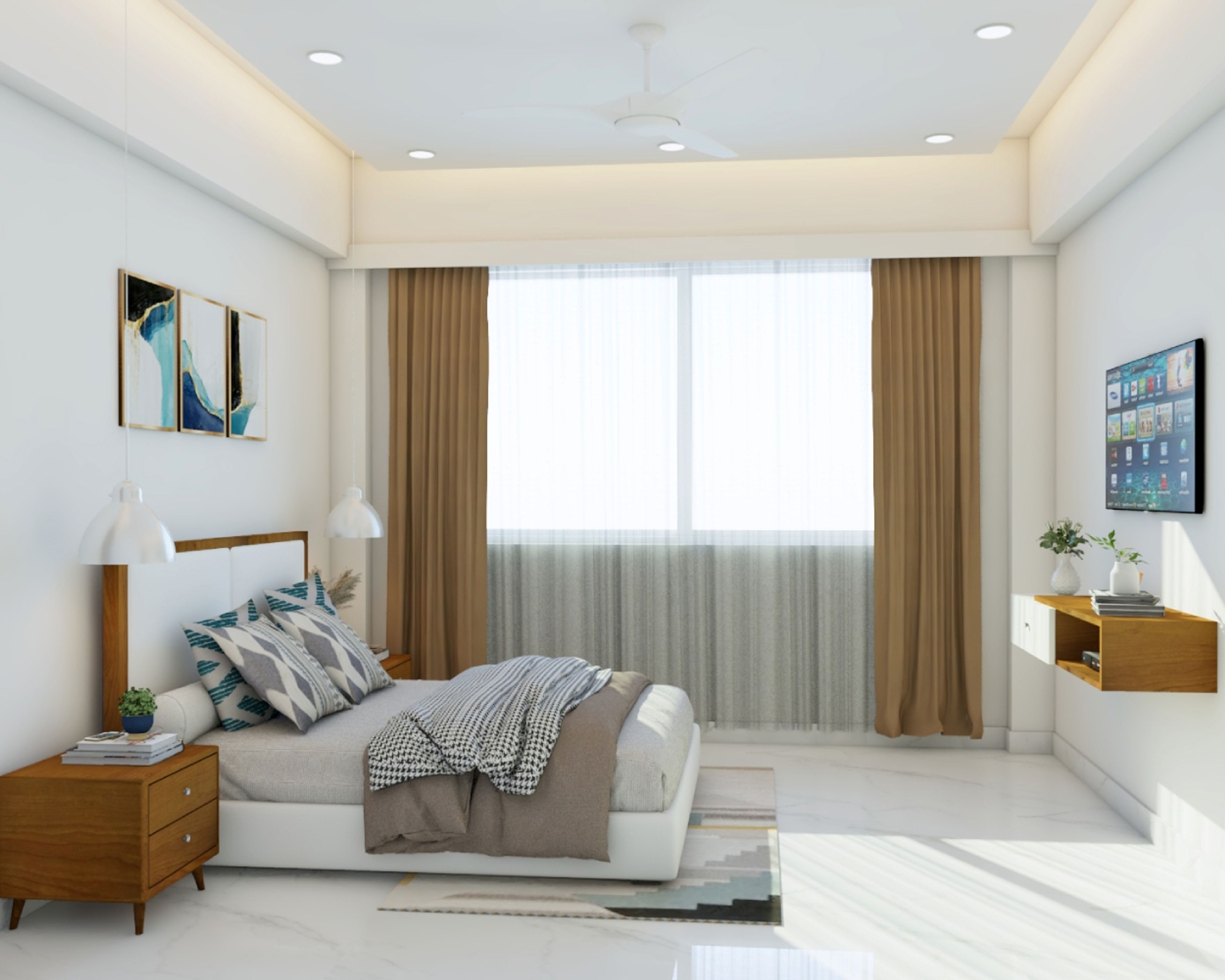 Guest Bedroom Design with Wooden TV Unit and Marble Patterned Tile Flooring