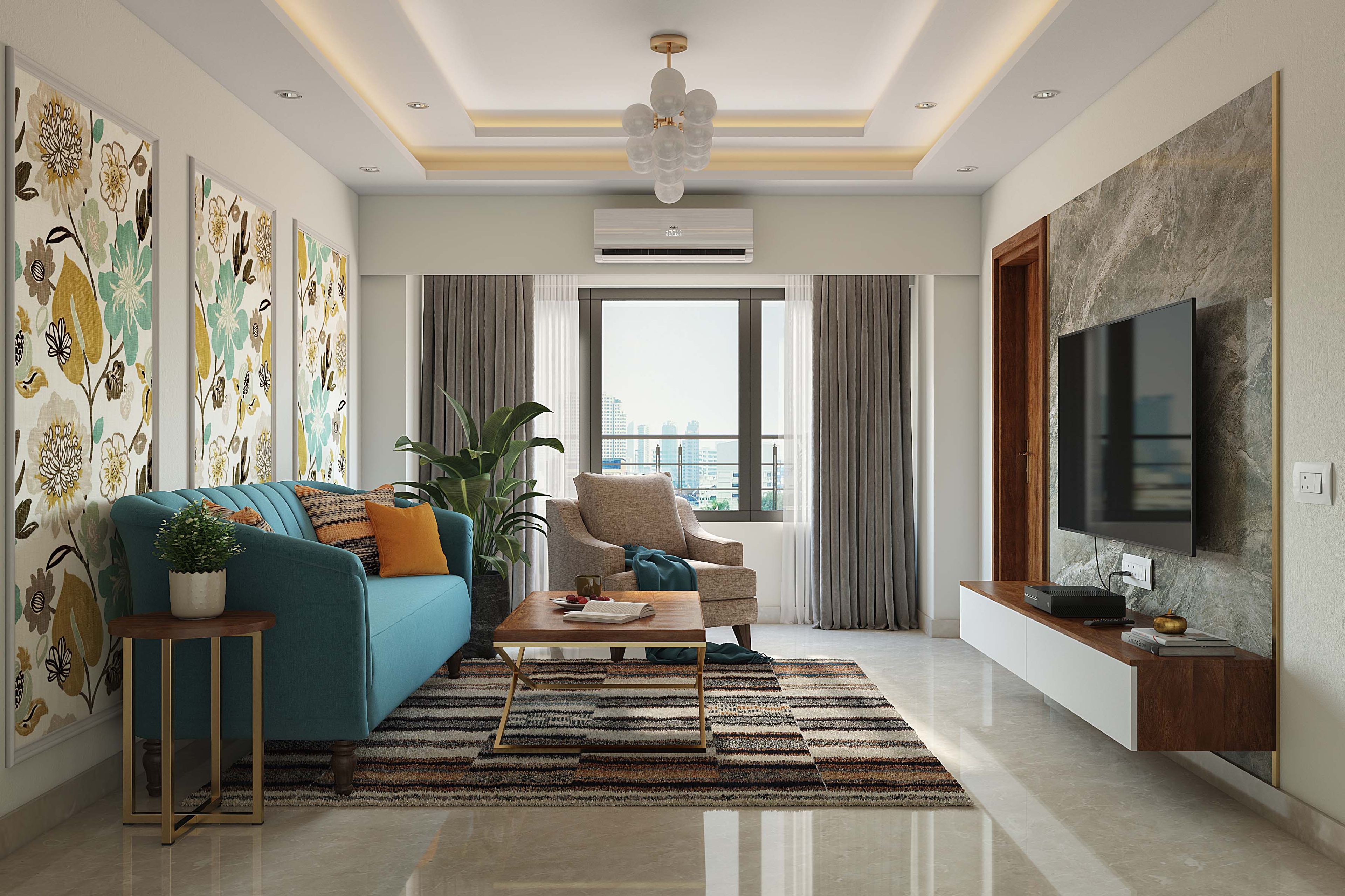 Living Room Design with Blue Sofa, Beige Upholstered Accent Chair, Wooden Table, Wooden TV Unit with Grey Marble Backsplash and Floral Panel Wall