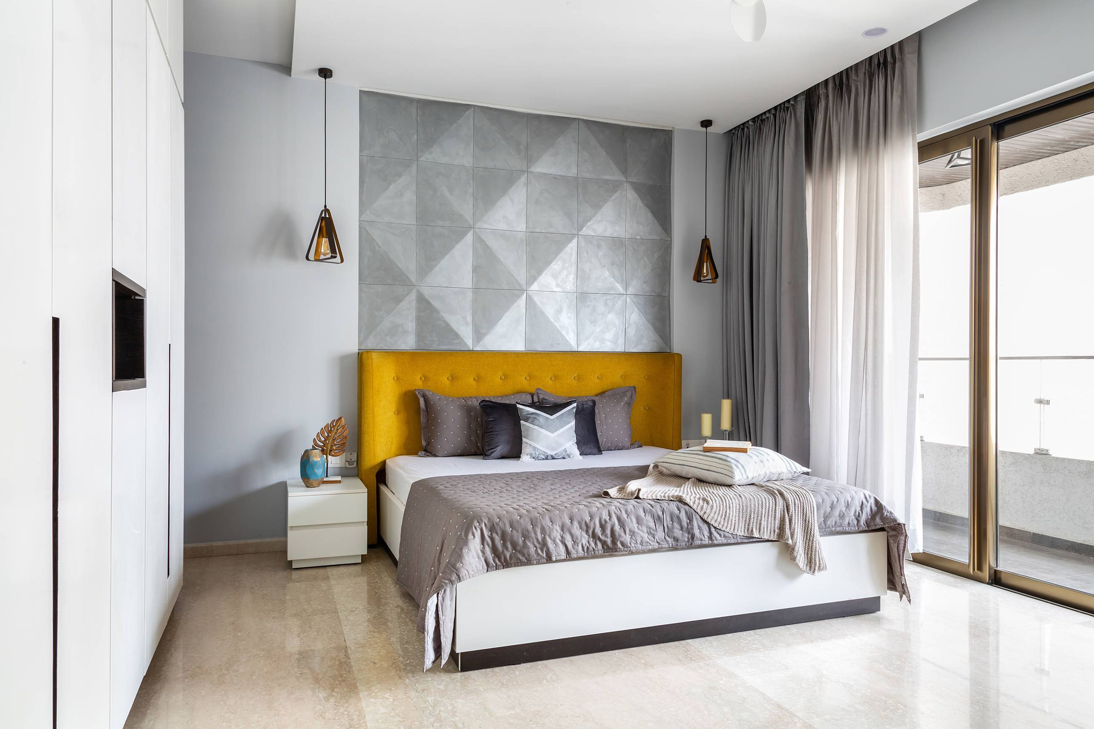 Master Bedroom Design with 3D Grey Geometric Wall and 5-Door Swing Wardrobe