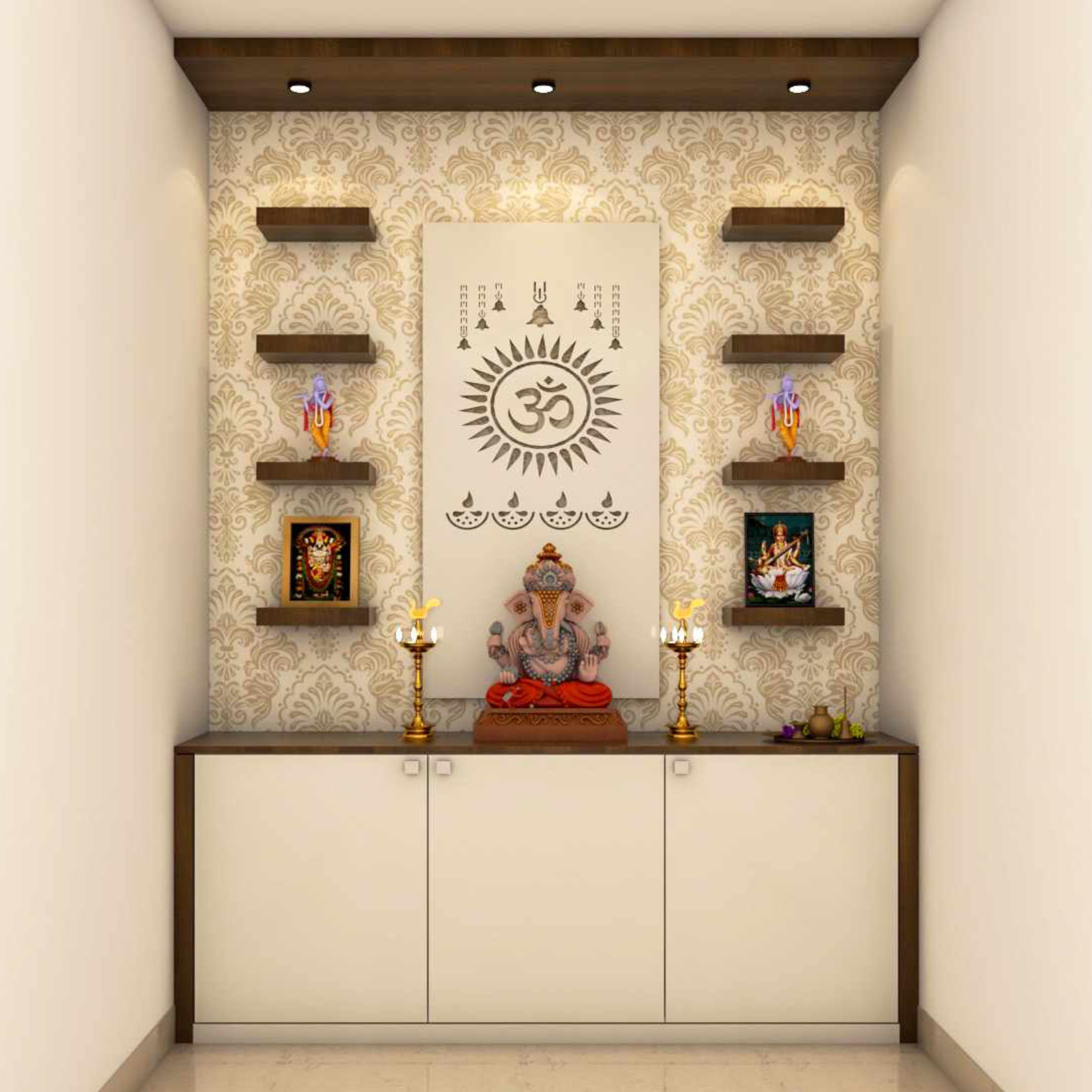 Pooja Room Design with Ethnic Motif Wall, CNC Design, Wooden Small Open Shelf, and White Cabinet Storage