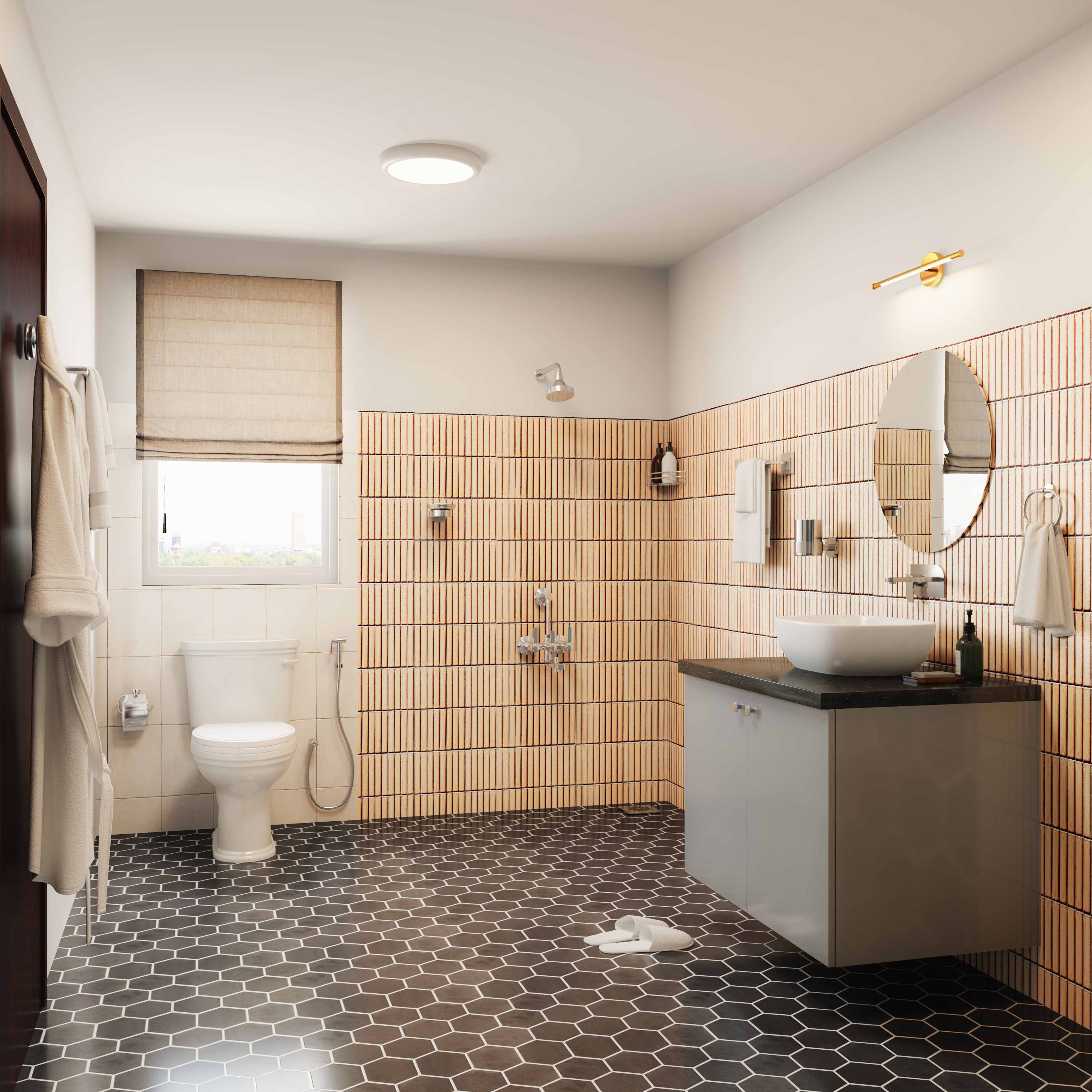Bathroom Design with Round Mirror, Grey Drawer, and Wooden Cane Pattern Tiles