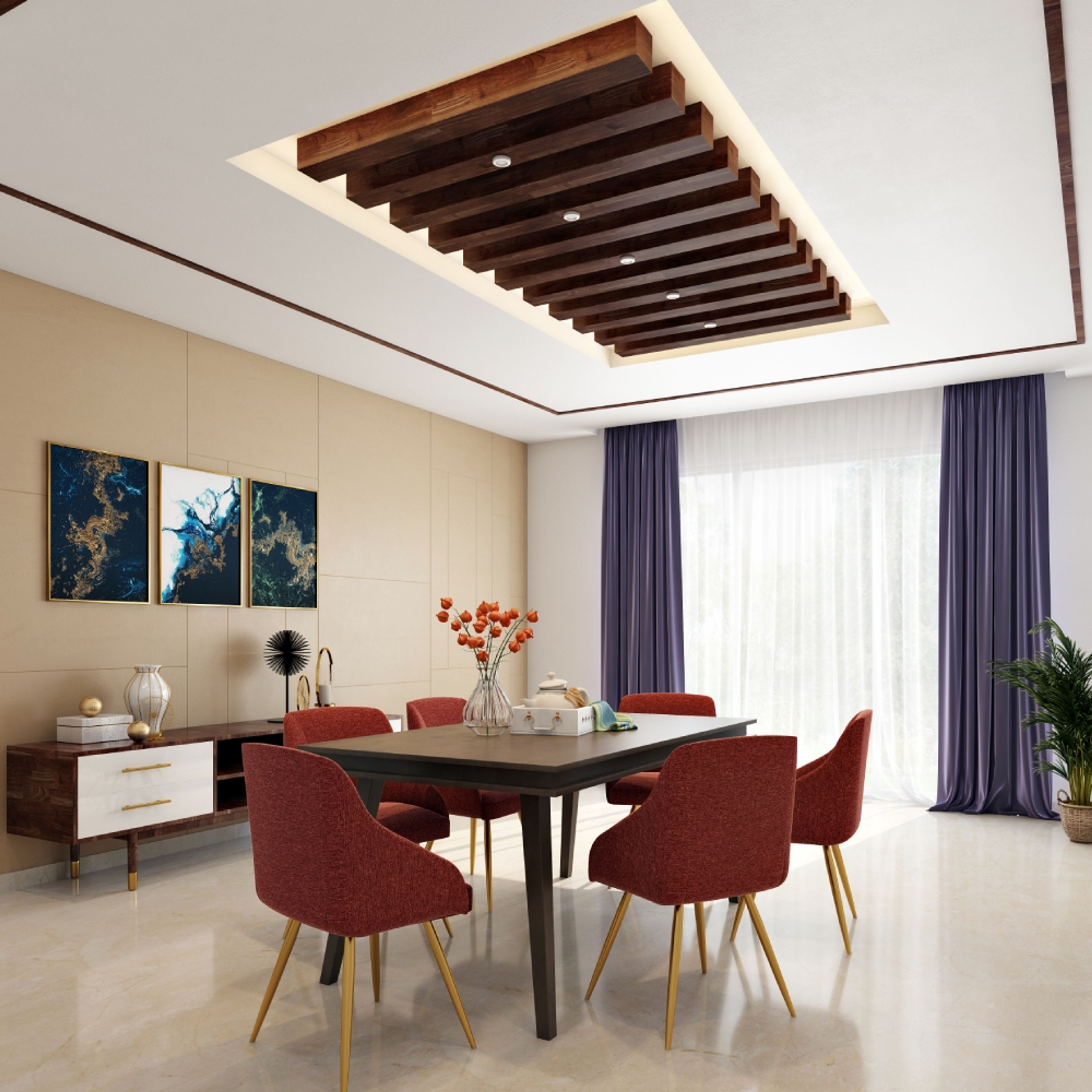 6-Seater Dining Room Design with Dark Wood Table, Dark Red Chairs, and Wooden Panel False Ceiling with Spotlights