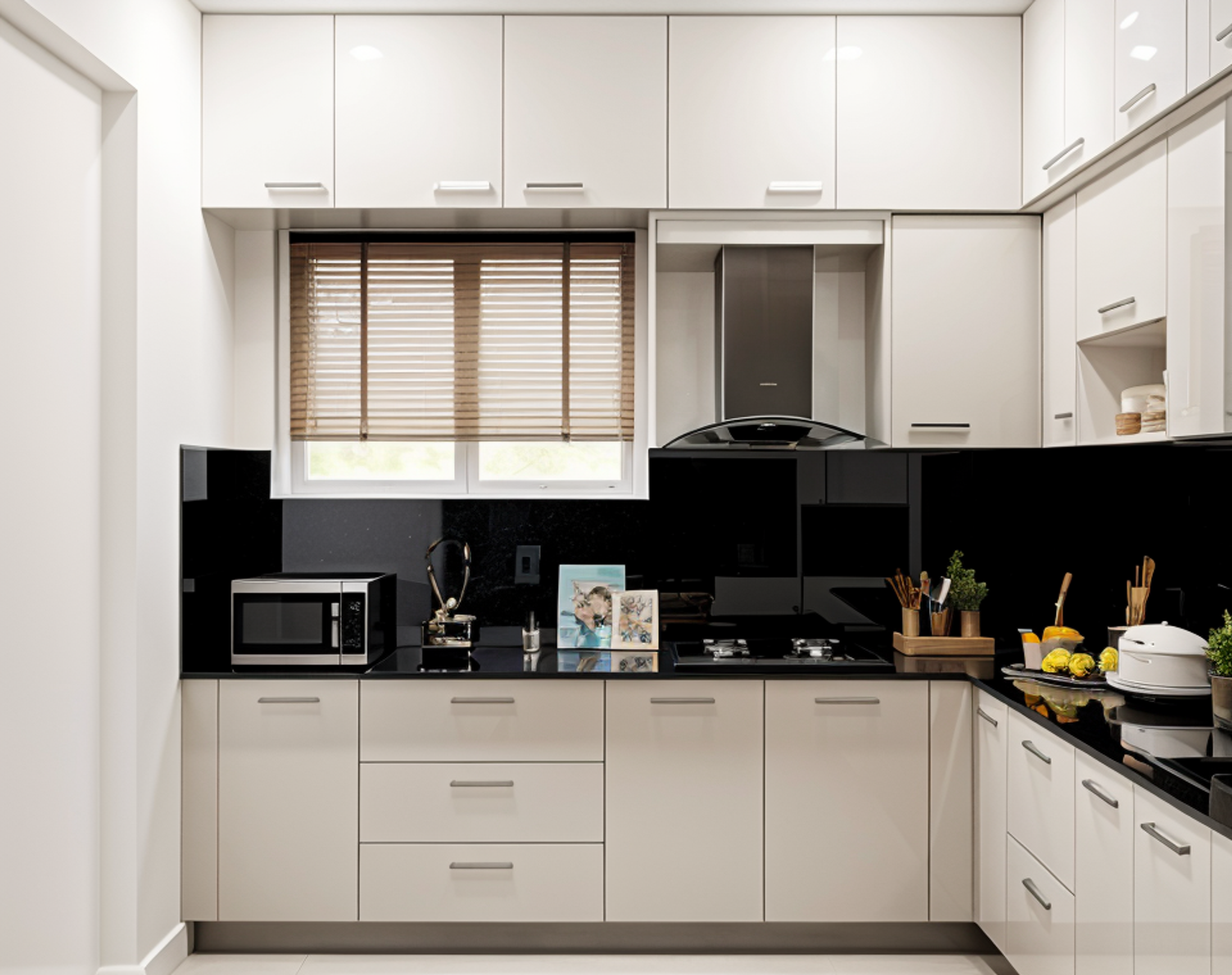 L-Shaped Modular Kitchen Design with Beige Base and Wall Units