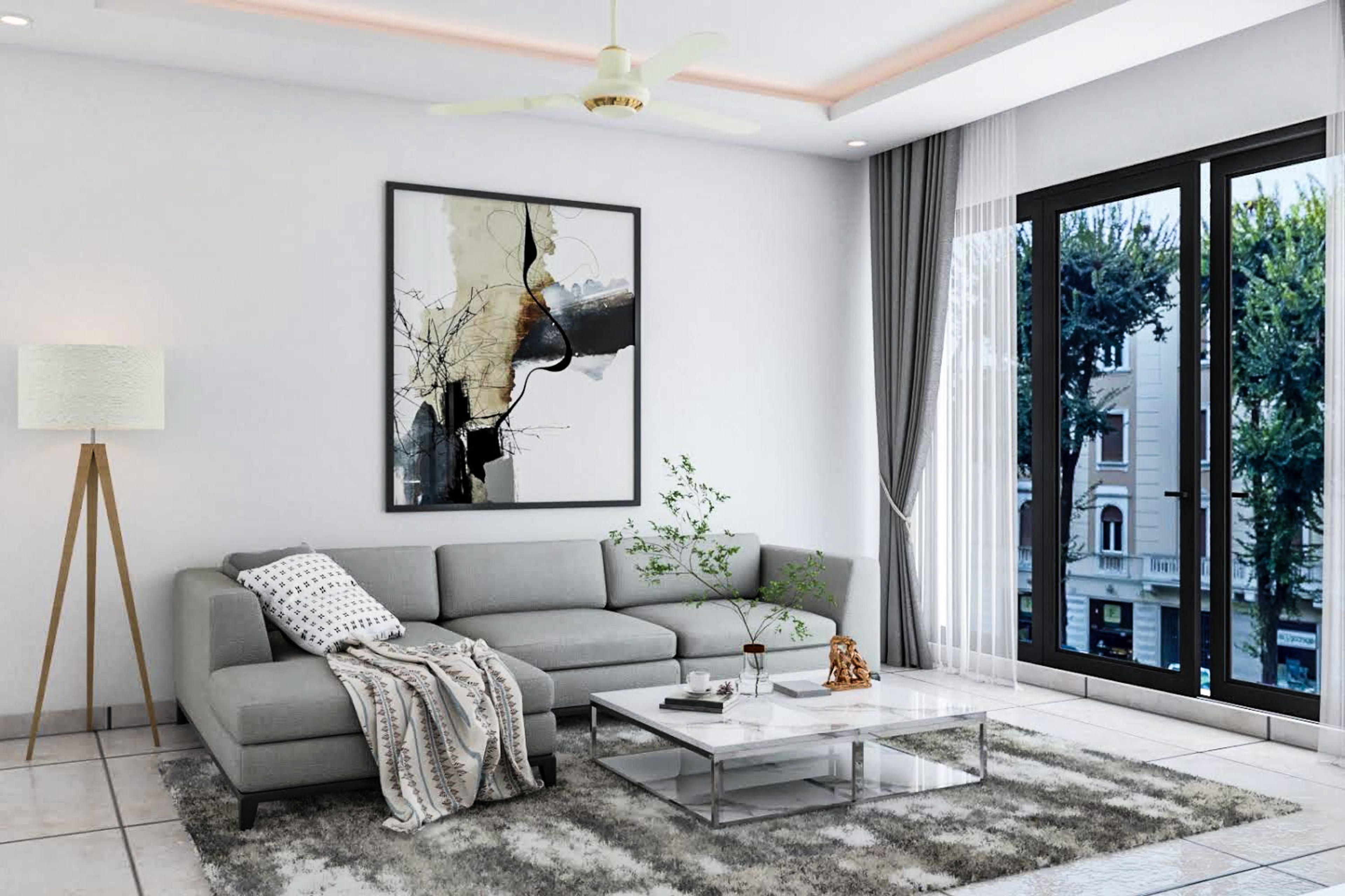 Living Room Design with Grey L-Shaped Sofa, White Walls, Marble Centre Table, and Floor Lamp
