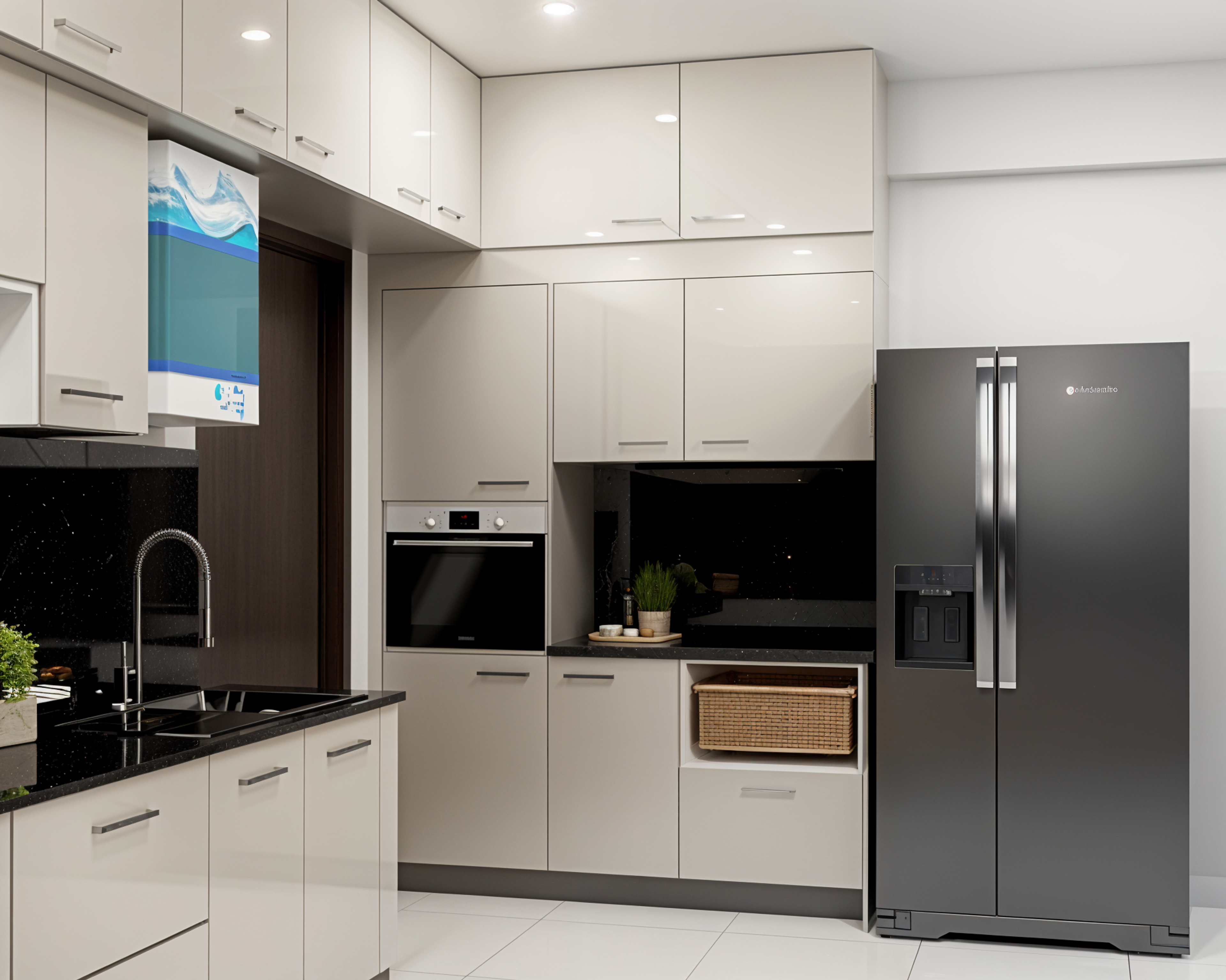 L-Shaped Modular Kitchen Design with Granite Countertop and Appliance Storage Unit