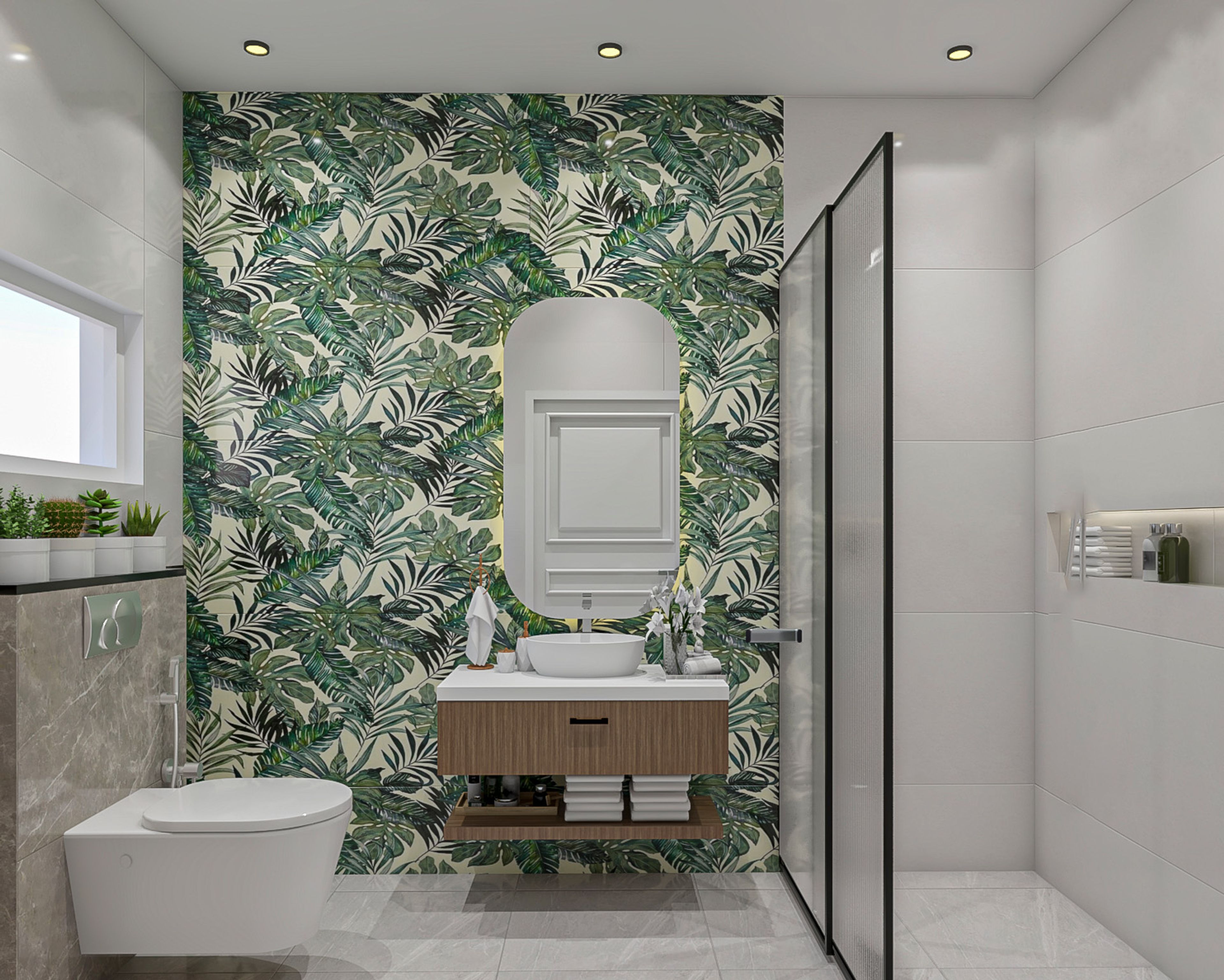 Bathroom Design with Rectangular Mirror, Wooden Drawer, Tropical Theme Wallpaper and Glass Partition Shower Area