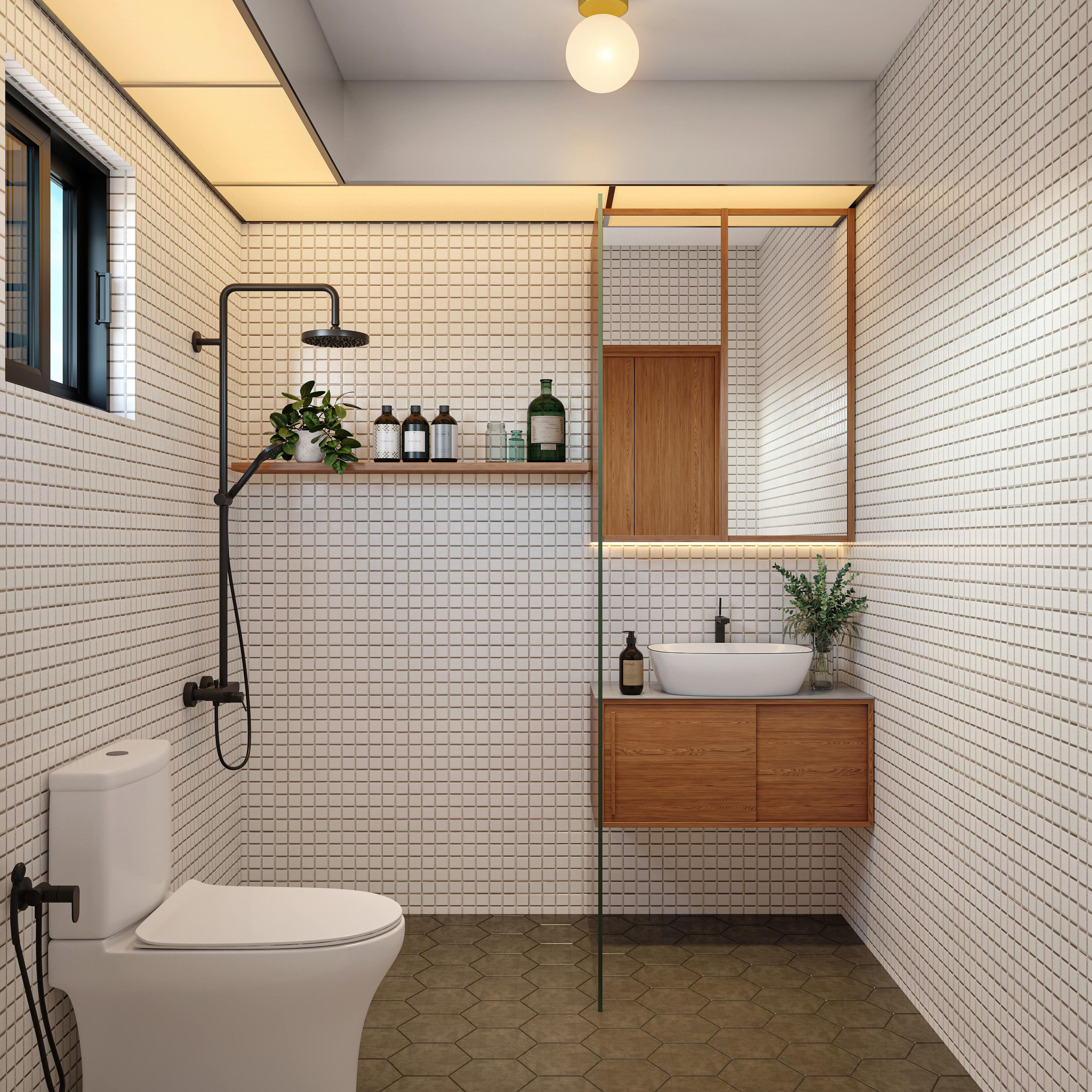 Bathroom Design with Rectangular Mirror, Wooden Drawer, Wooden Open Shelf, and Glass Partition Shower Area