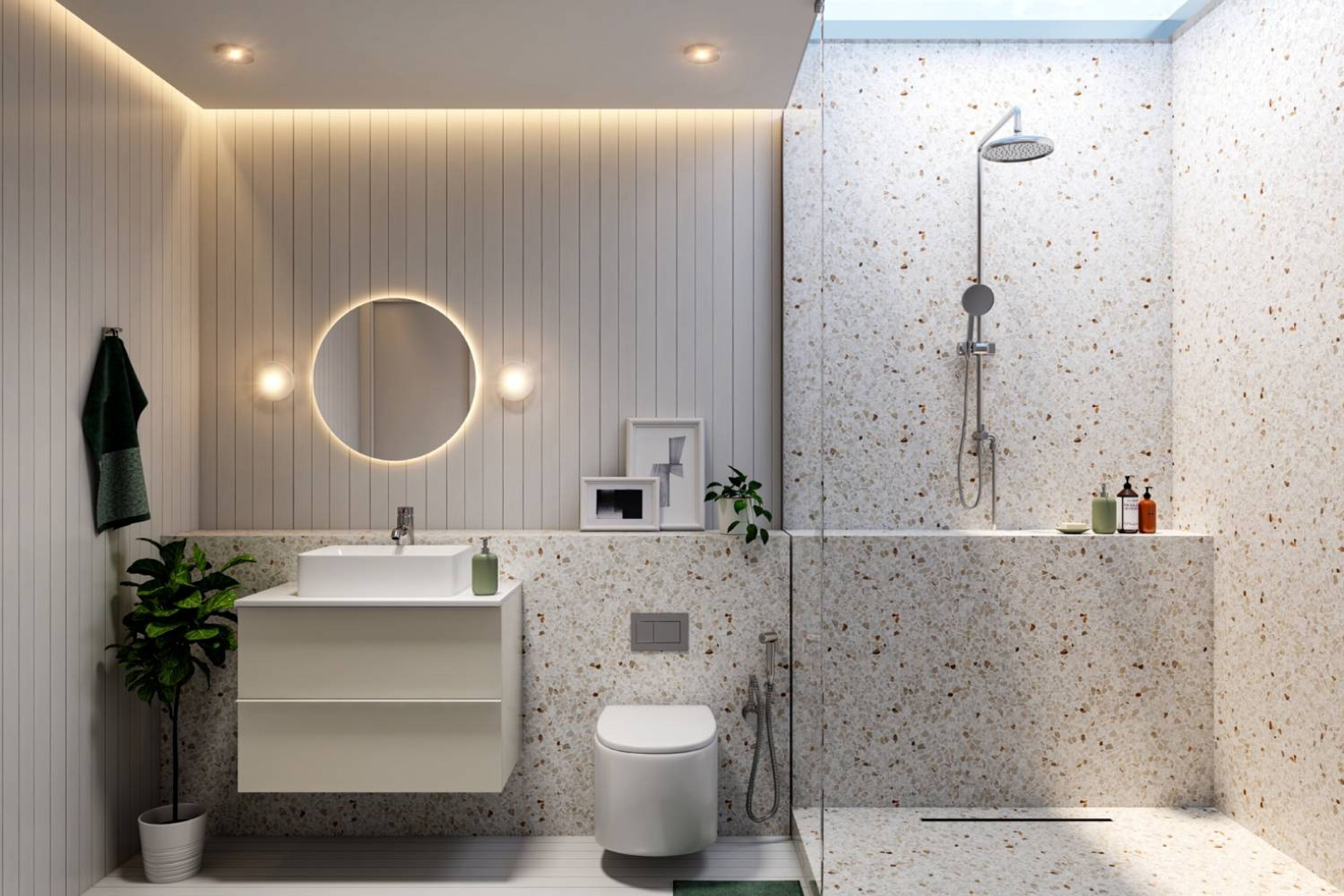 Bathroom Design with Round Mirror with Cove Lighting, Marble Patterned Backsplash, White Drawer, and Glass Partition Shower Area