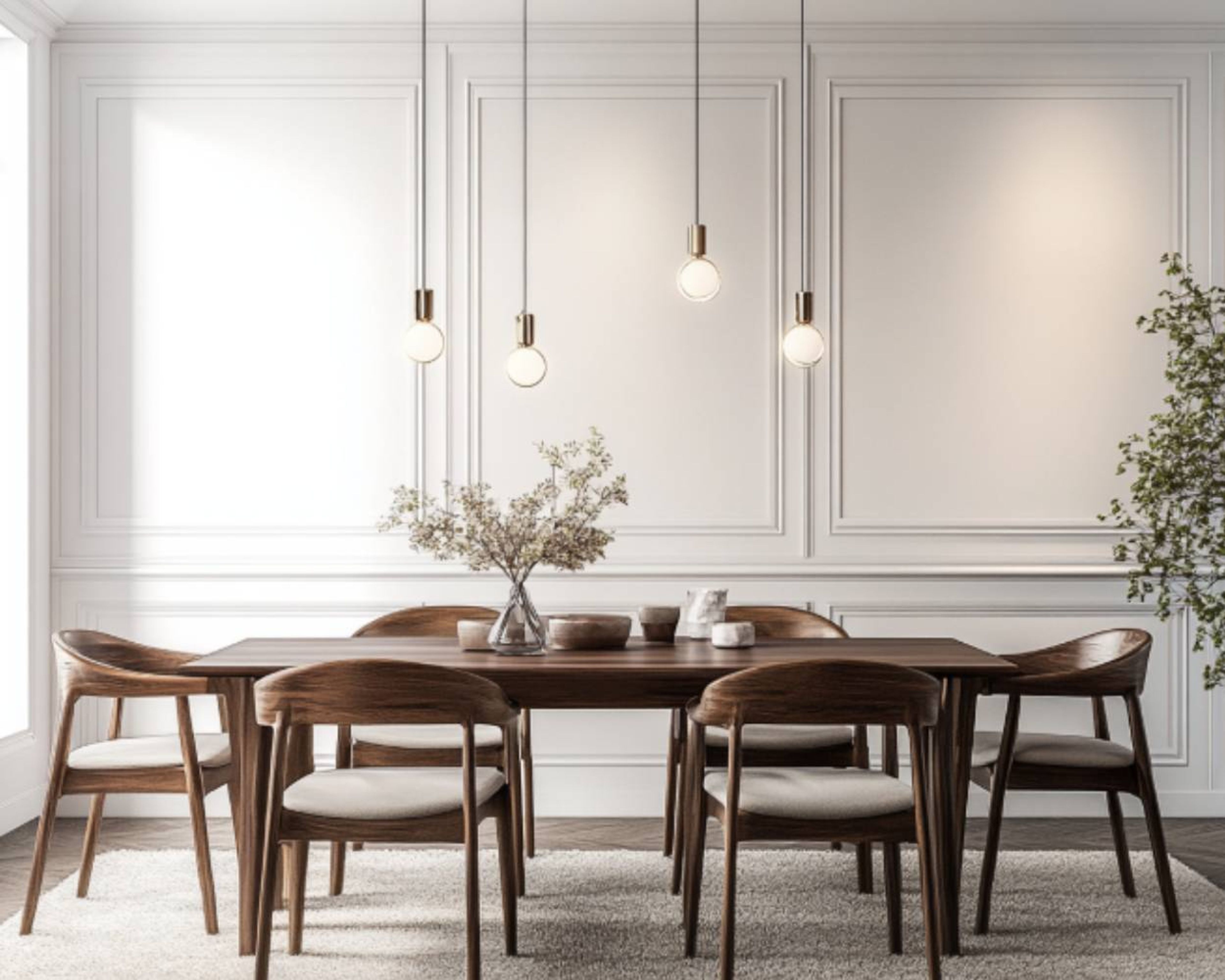 6-Seater Dining Room Design with Wooden Table, Wooden Chairs, and White Wall with Trims