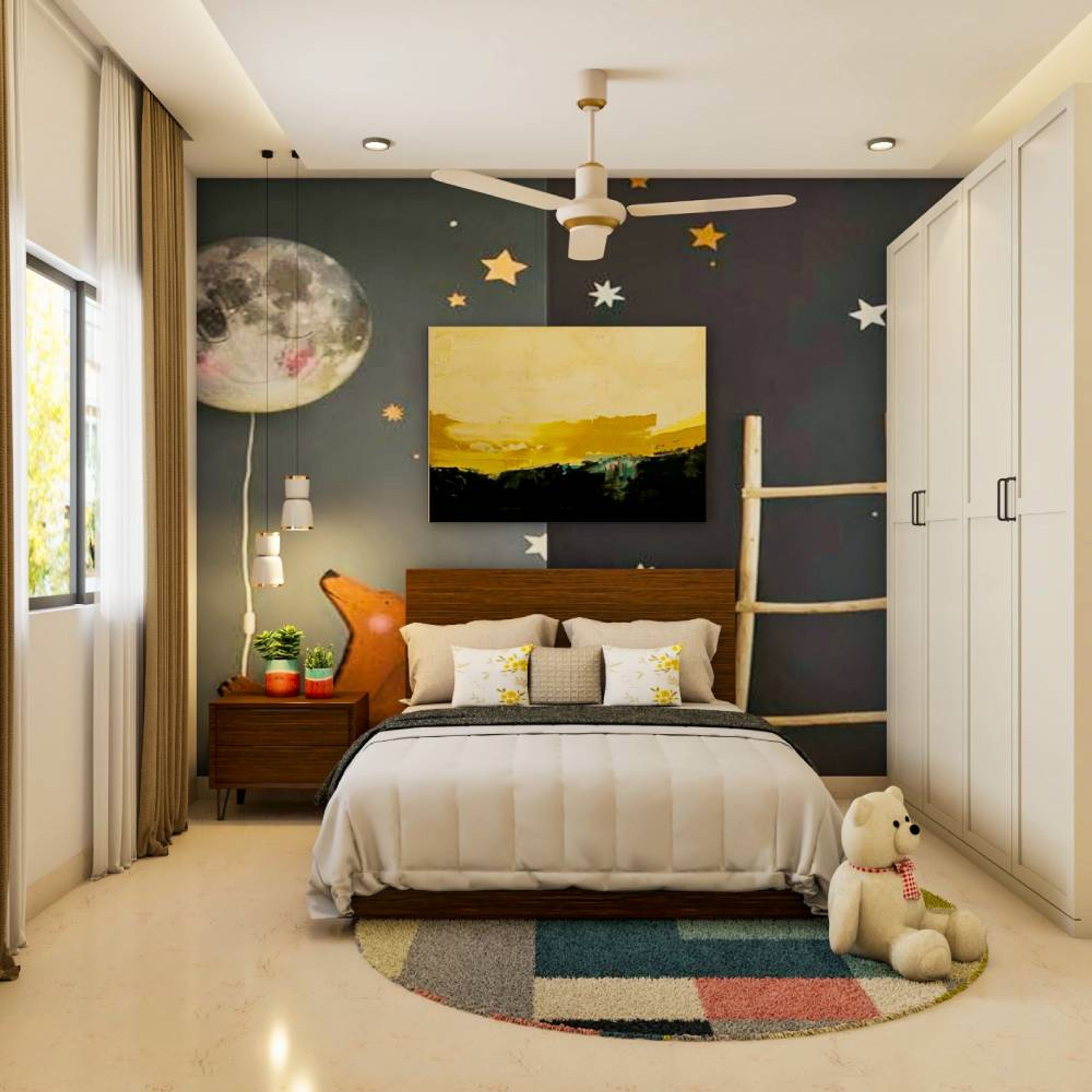Kids Bedroom Design with Moon and Stars Themed Wallpaper, Side Table with Hanging Lights, and 4-Door White Swing Wardrobe