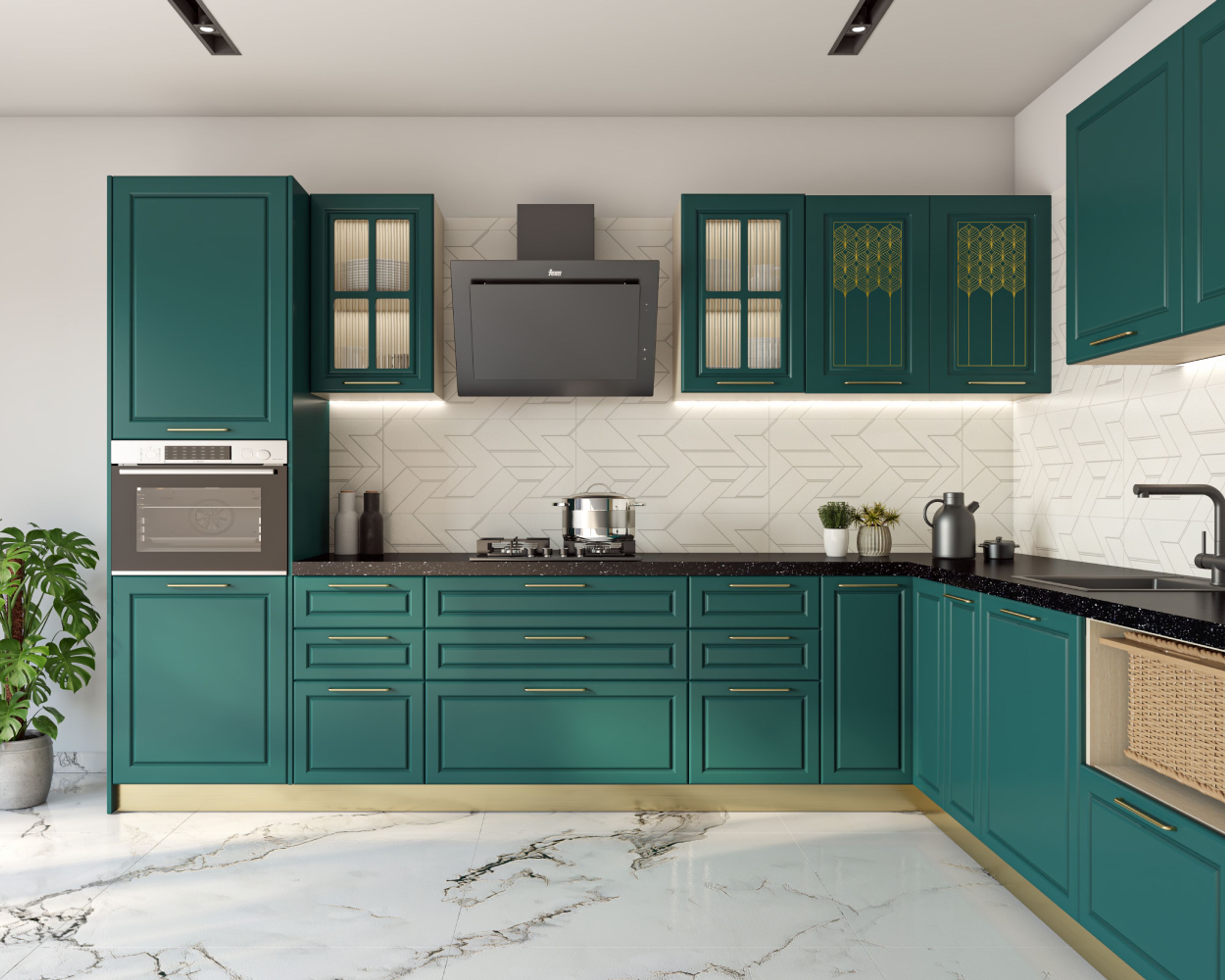 L-Shaped Modular Kitchen Design with Teal Green Base and Wall Units and Granite Countertop