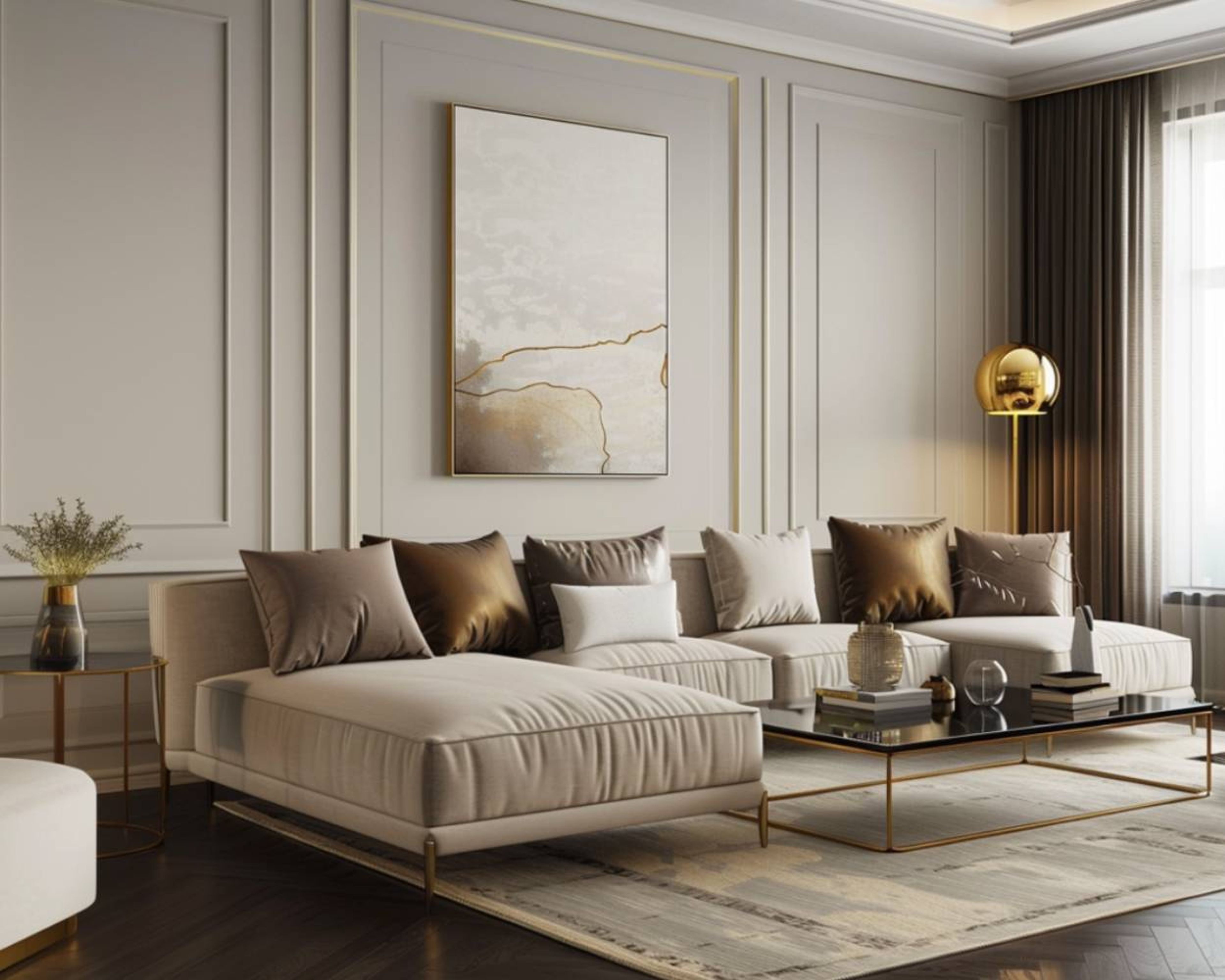 Living Room Design with L-Shaped Beige Sofa, Glass Center Table, and Beige Wall with Trims