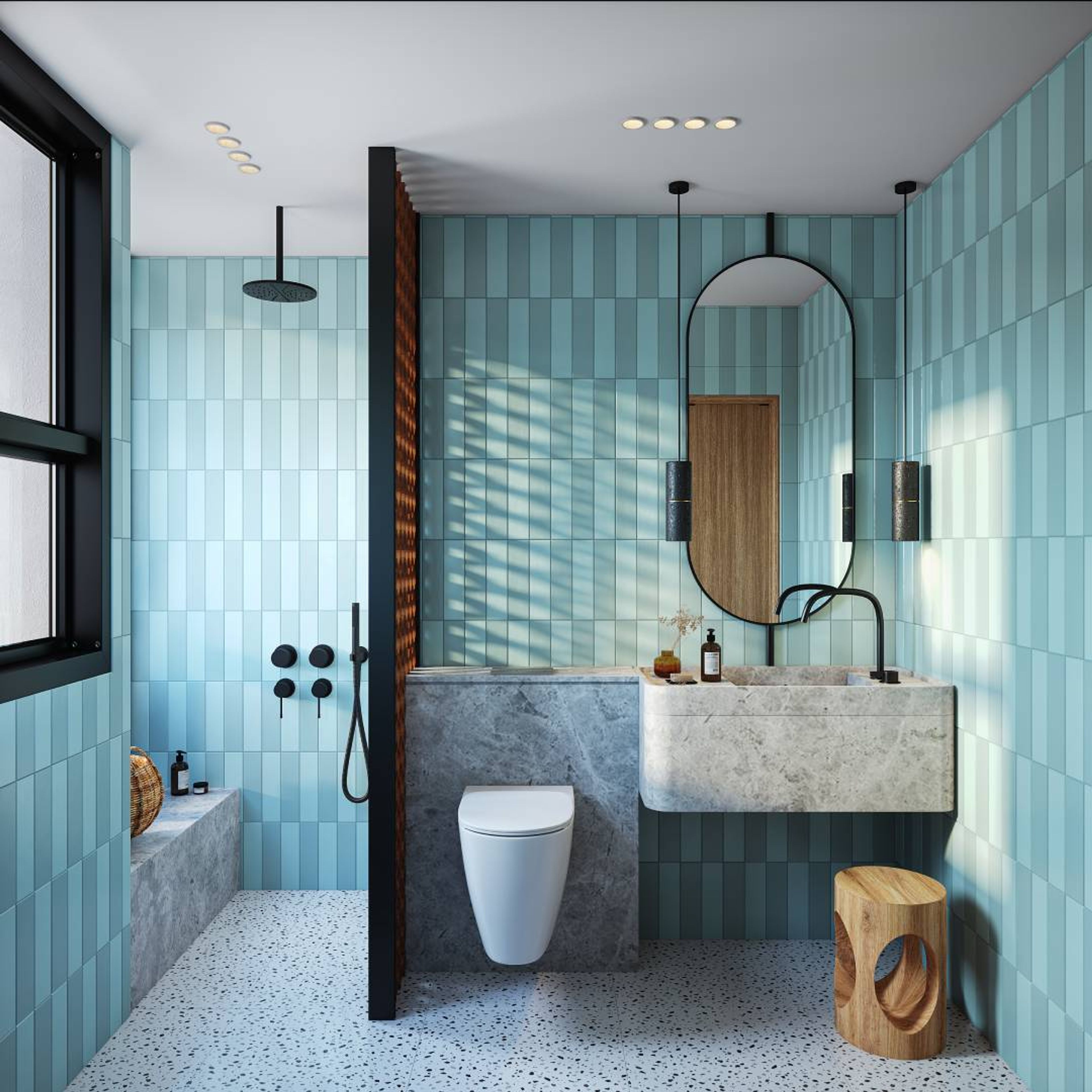 Blue And White Bathroom Design With Wooden Partition, Wooden Seater And Black Bathroom Fittings - Livspace