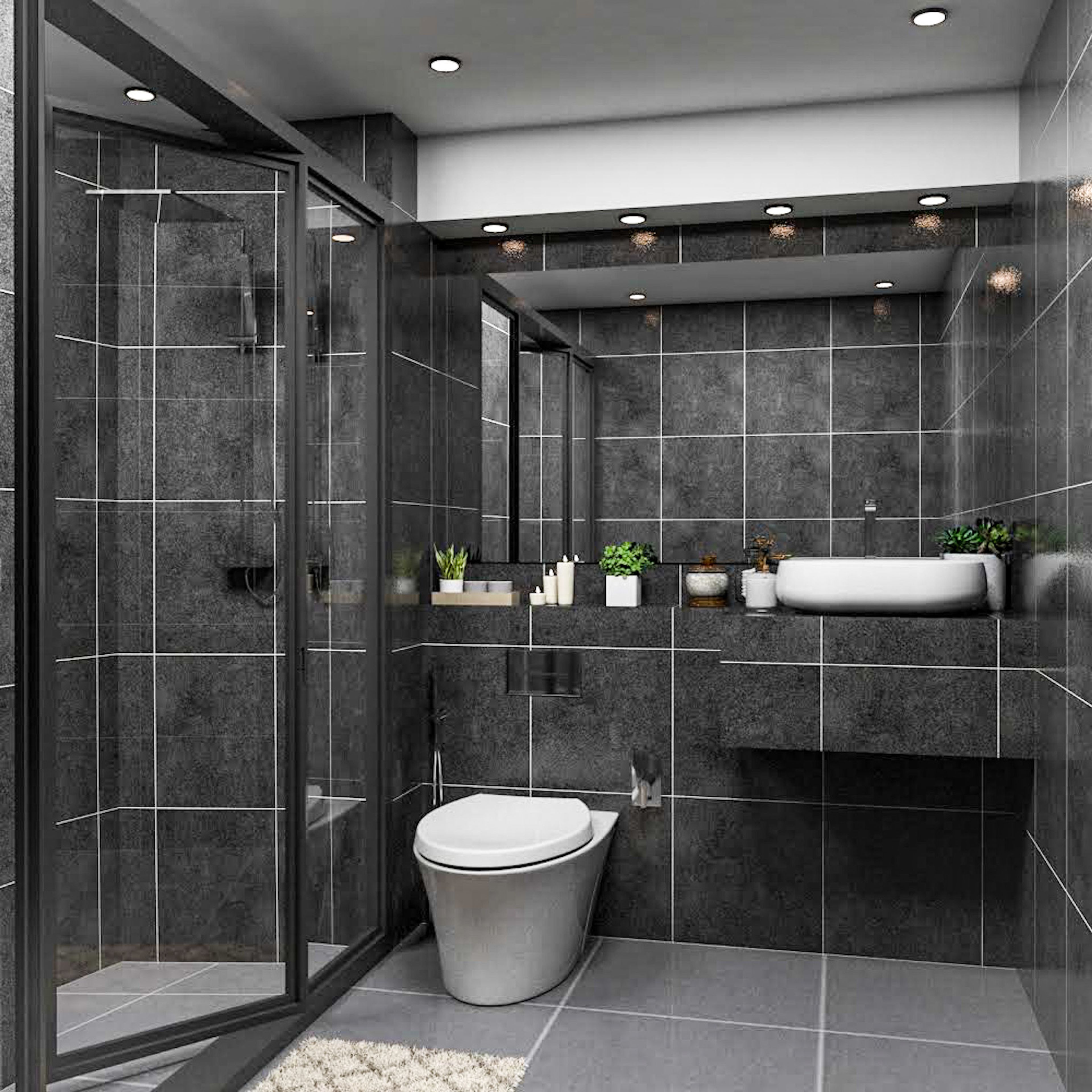 Modern Black And Grey Small Bathroom Ideas With Black-Framed Partition