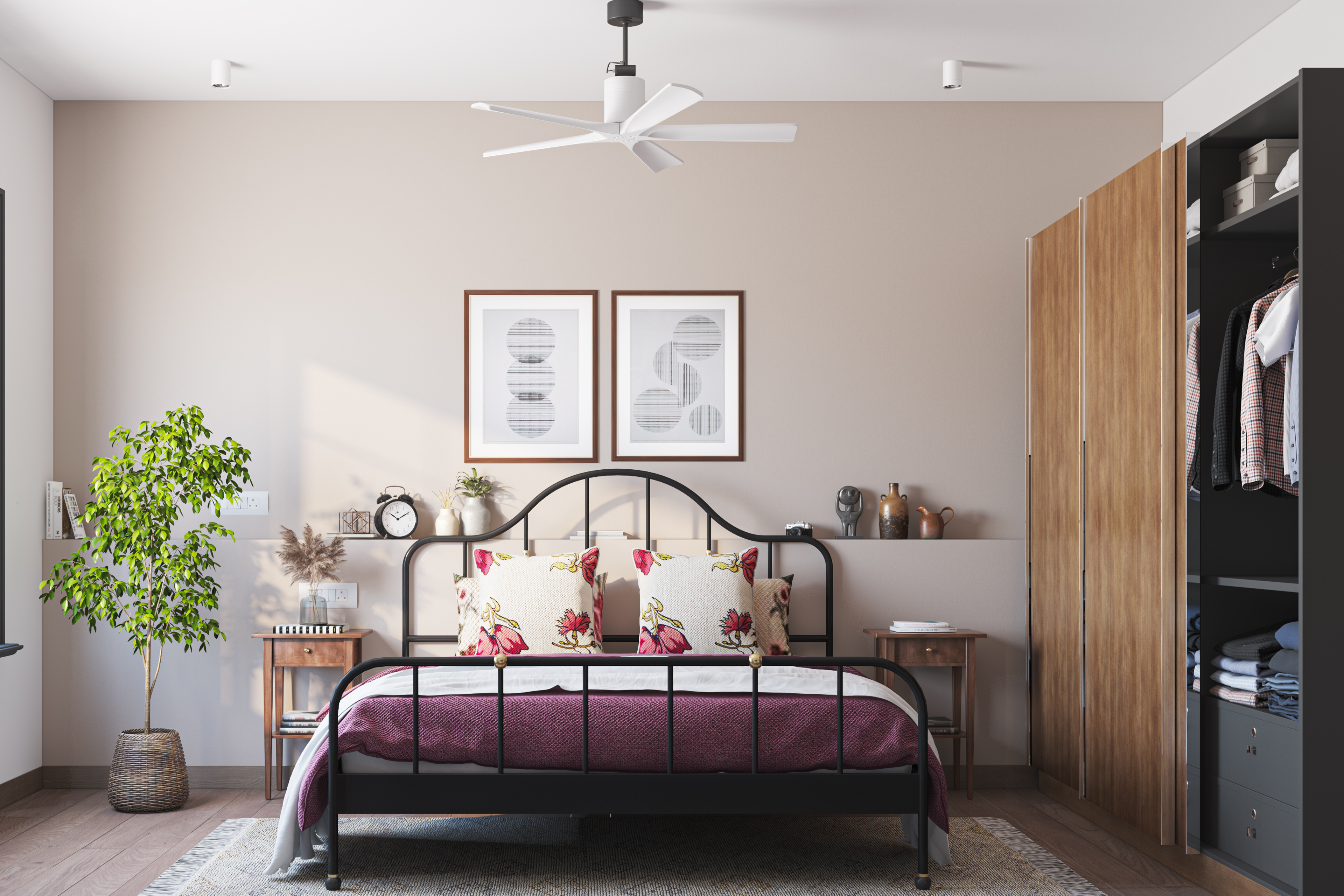 Purple Classic Master Bedroom Design With Sliding Door Wardrobe