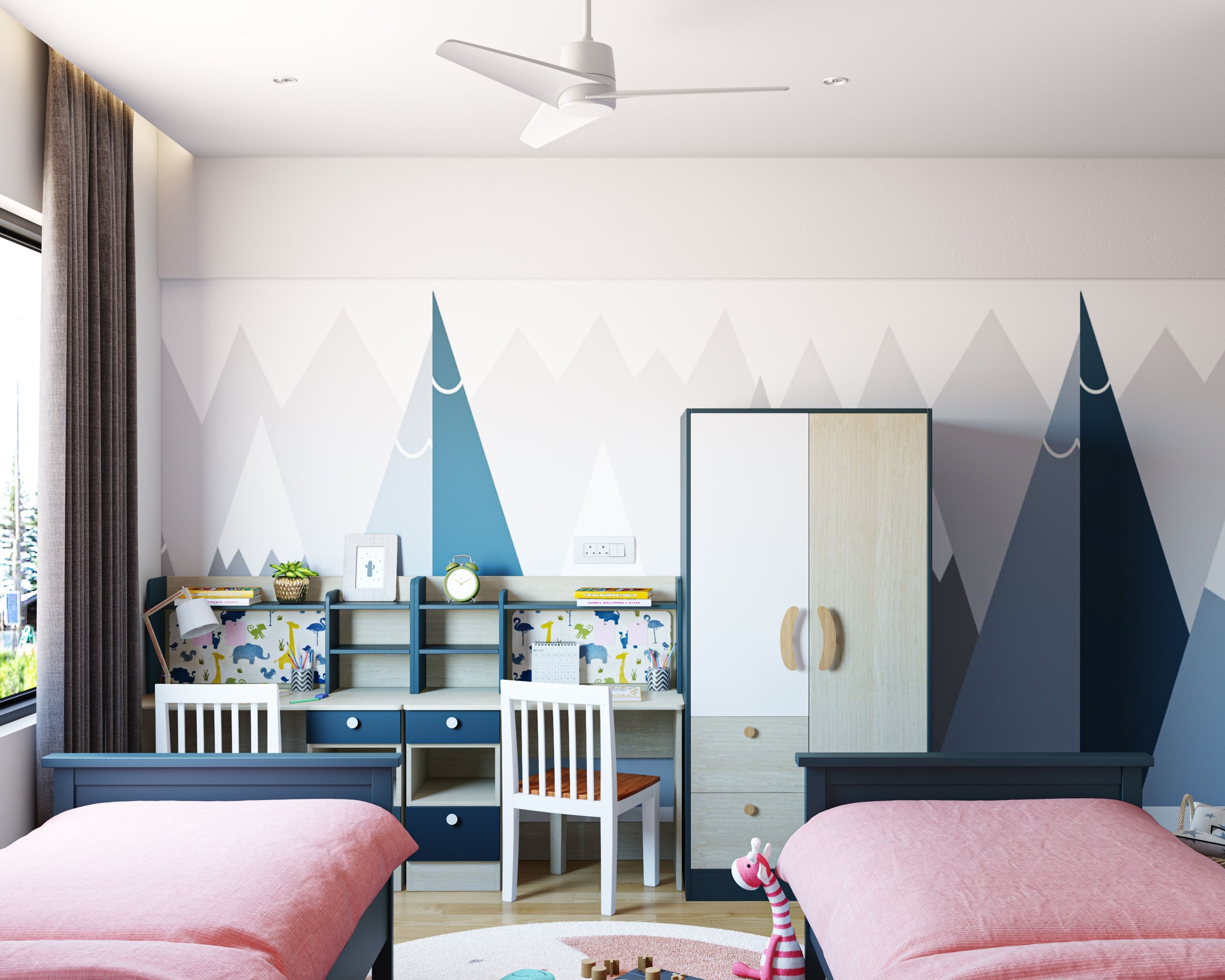 Modern Spacious Kid's Bedroom With Pink Twin Beds And Study Table