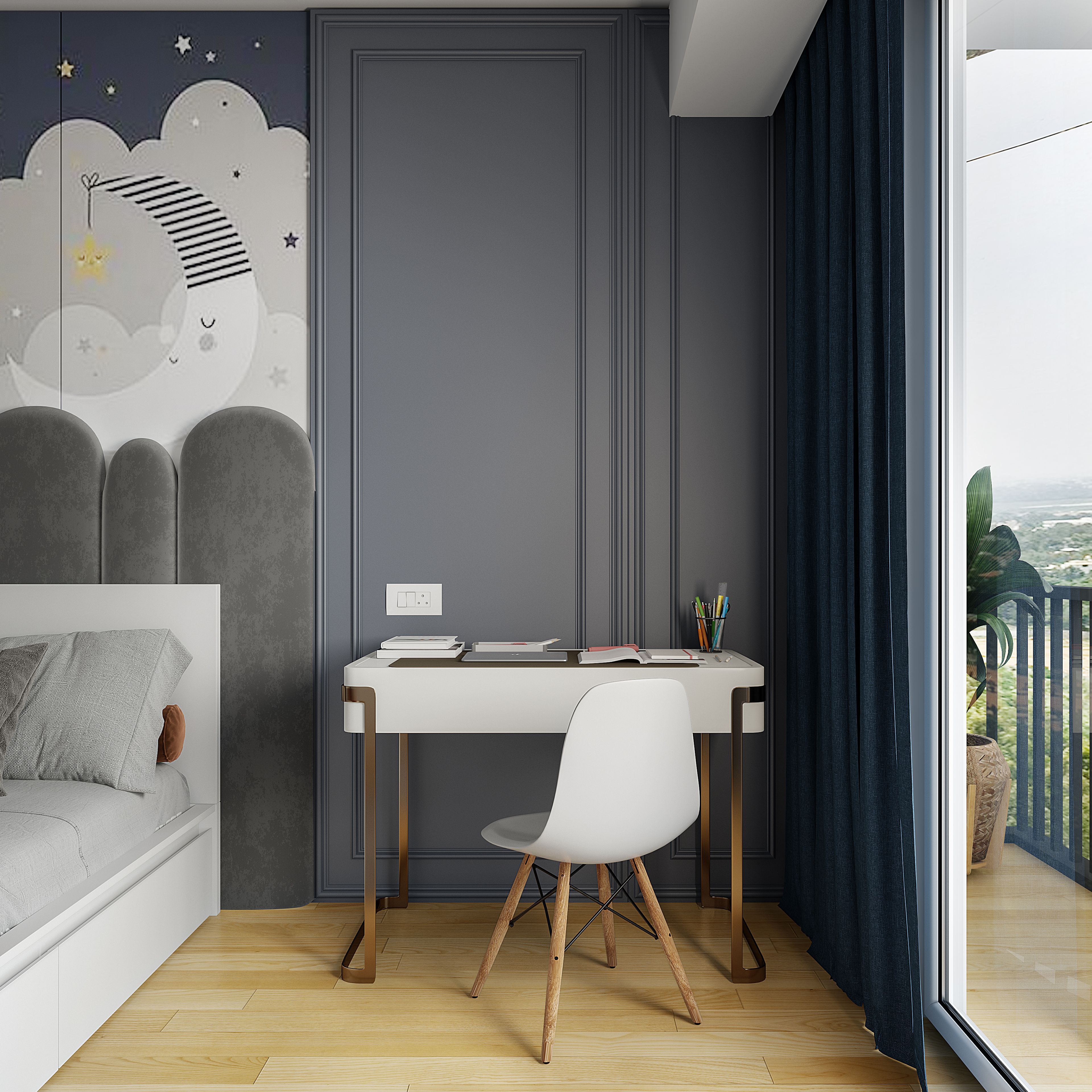 Modern Compact Home Office Design With Blue Tone Walls