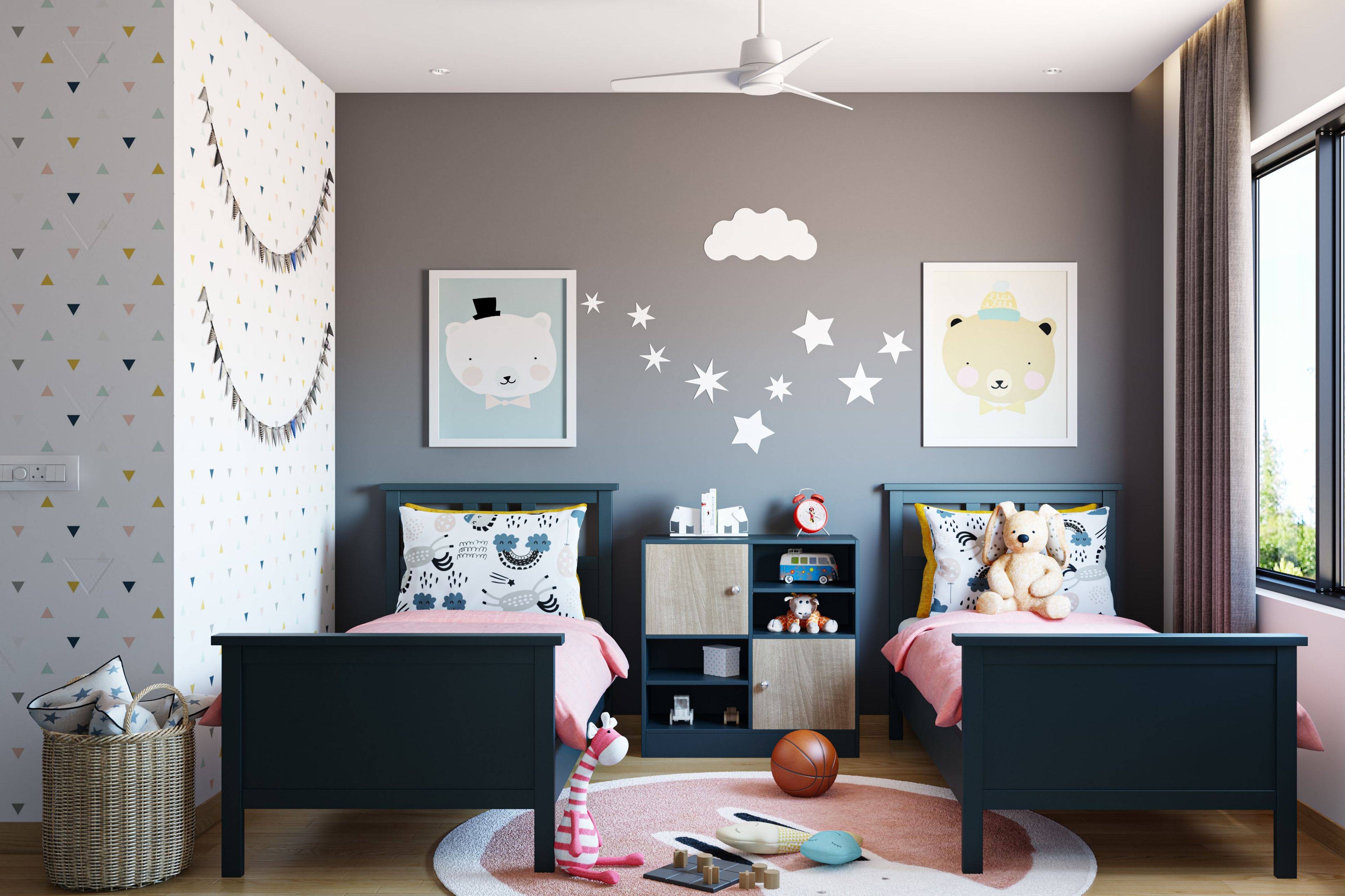 Modern Kid's Bedroom Design With Twin Beds And Small Console Table