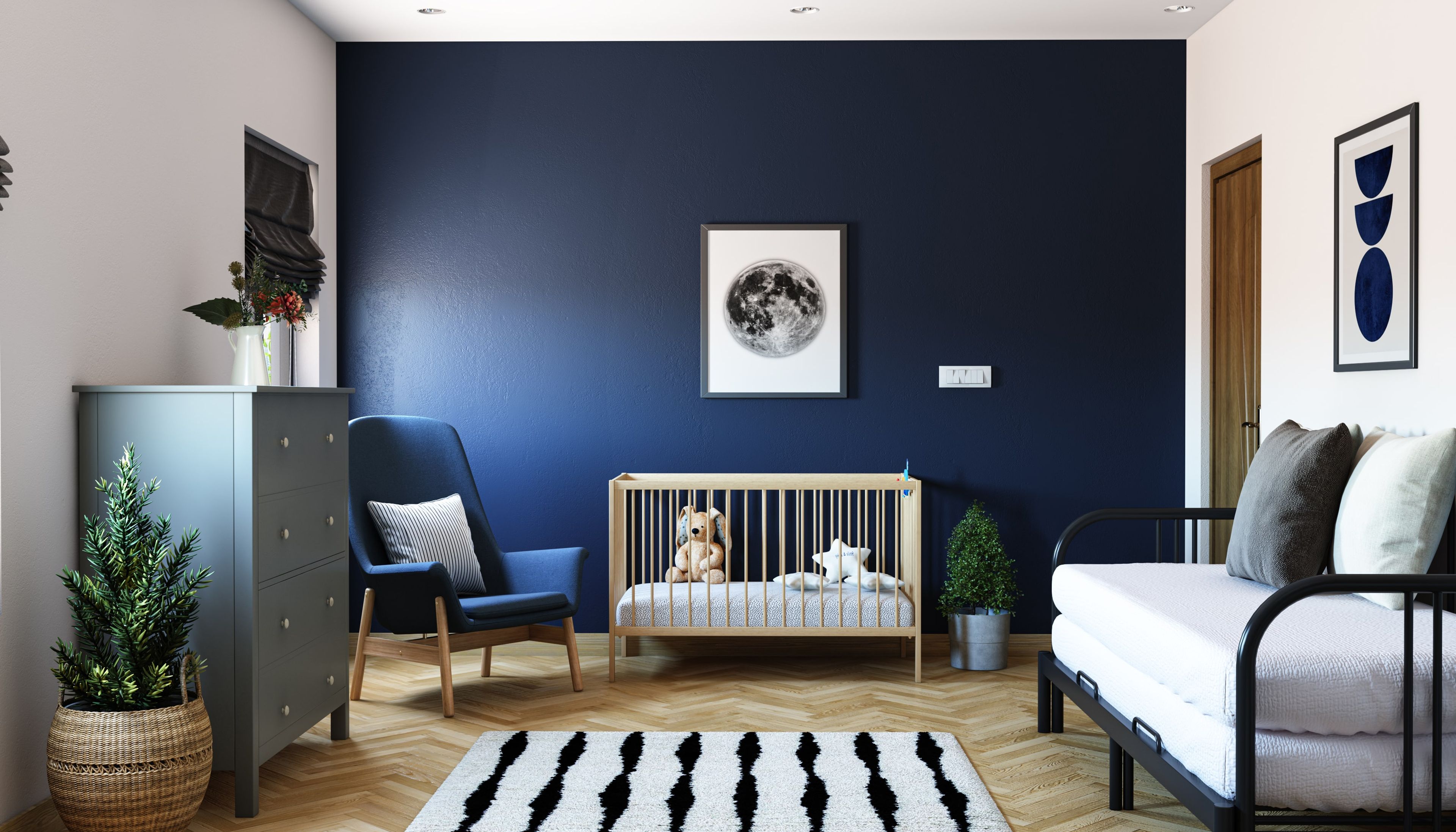 Modern Kid's Bedroom Design With Crib And Vibrant Blue Accent Wall