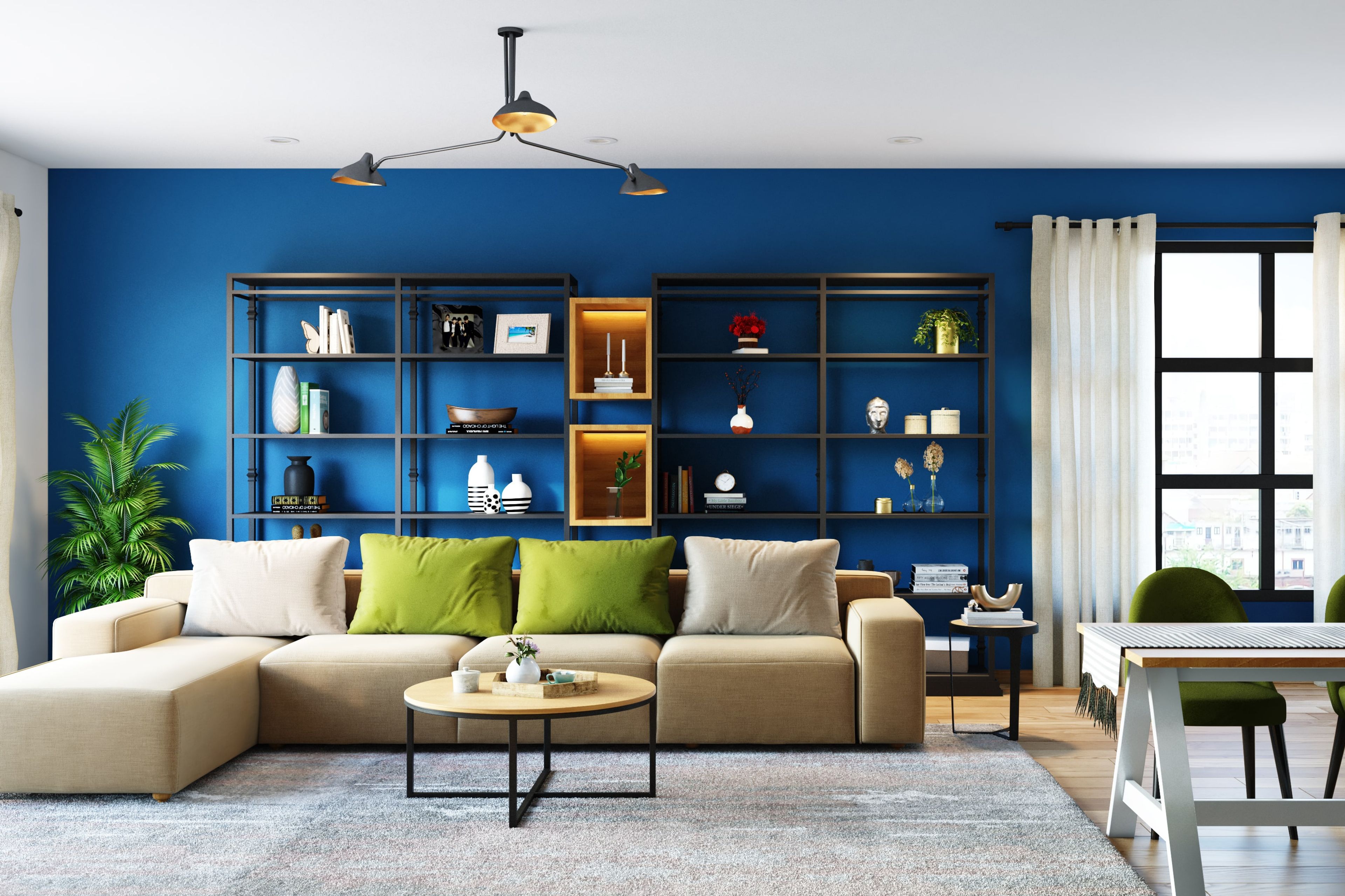 Contemporary Living Room Design With Blue Accent Wall And Open Storage Unit