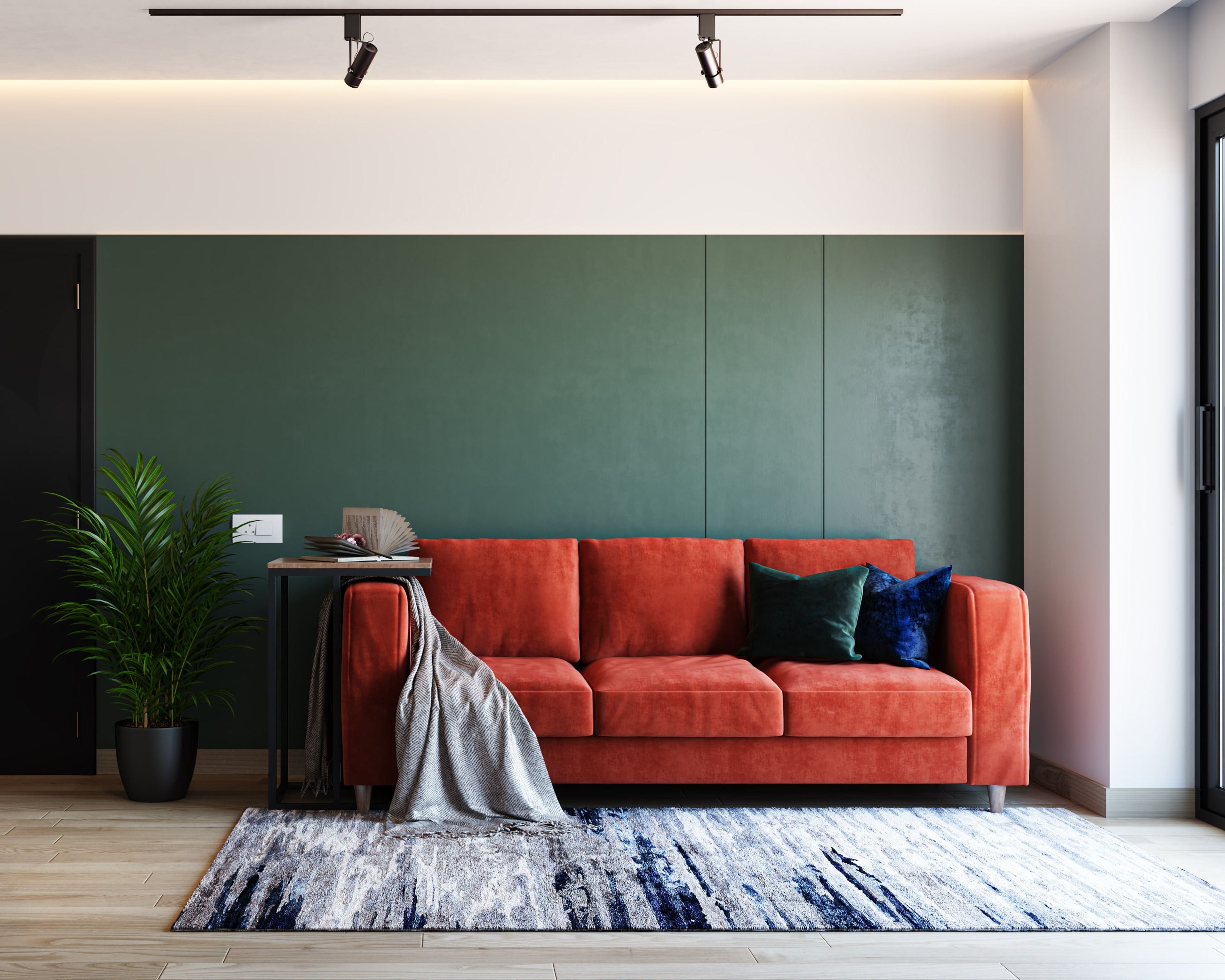 Convenient Minimalistic Living Room Design With Orange Seater