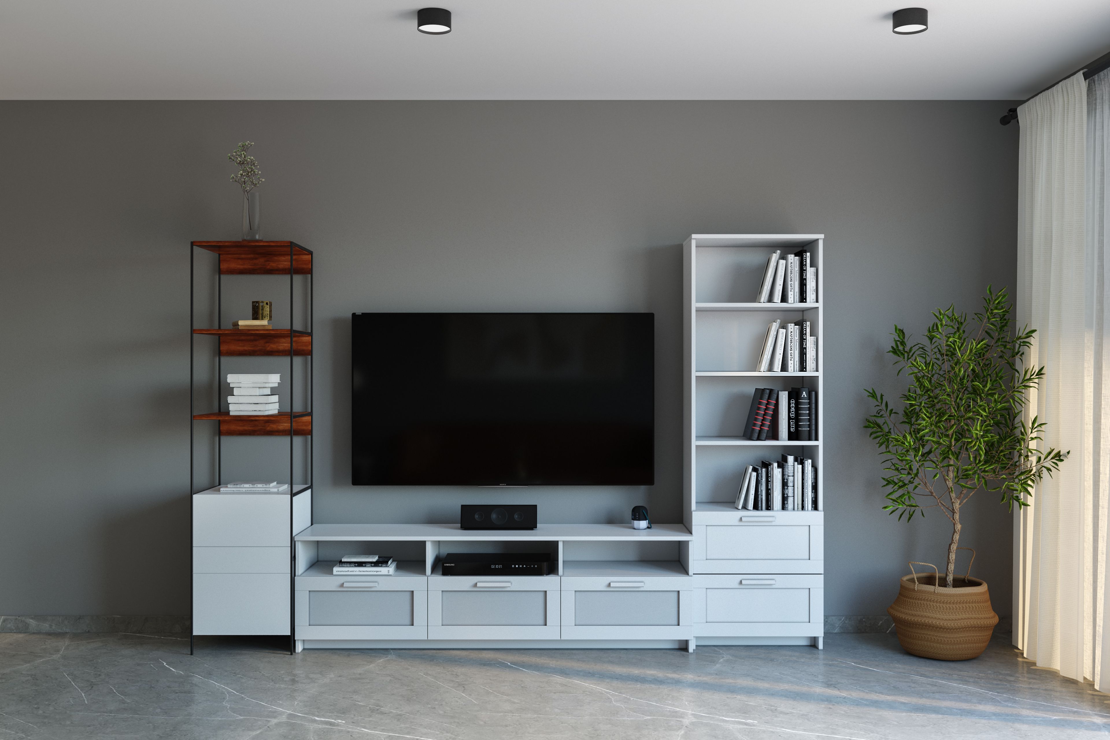 White Modern TV Unit Design With Bookshelf