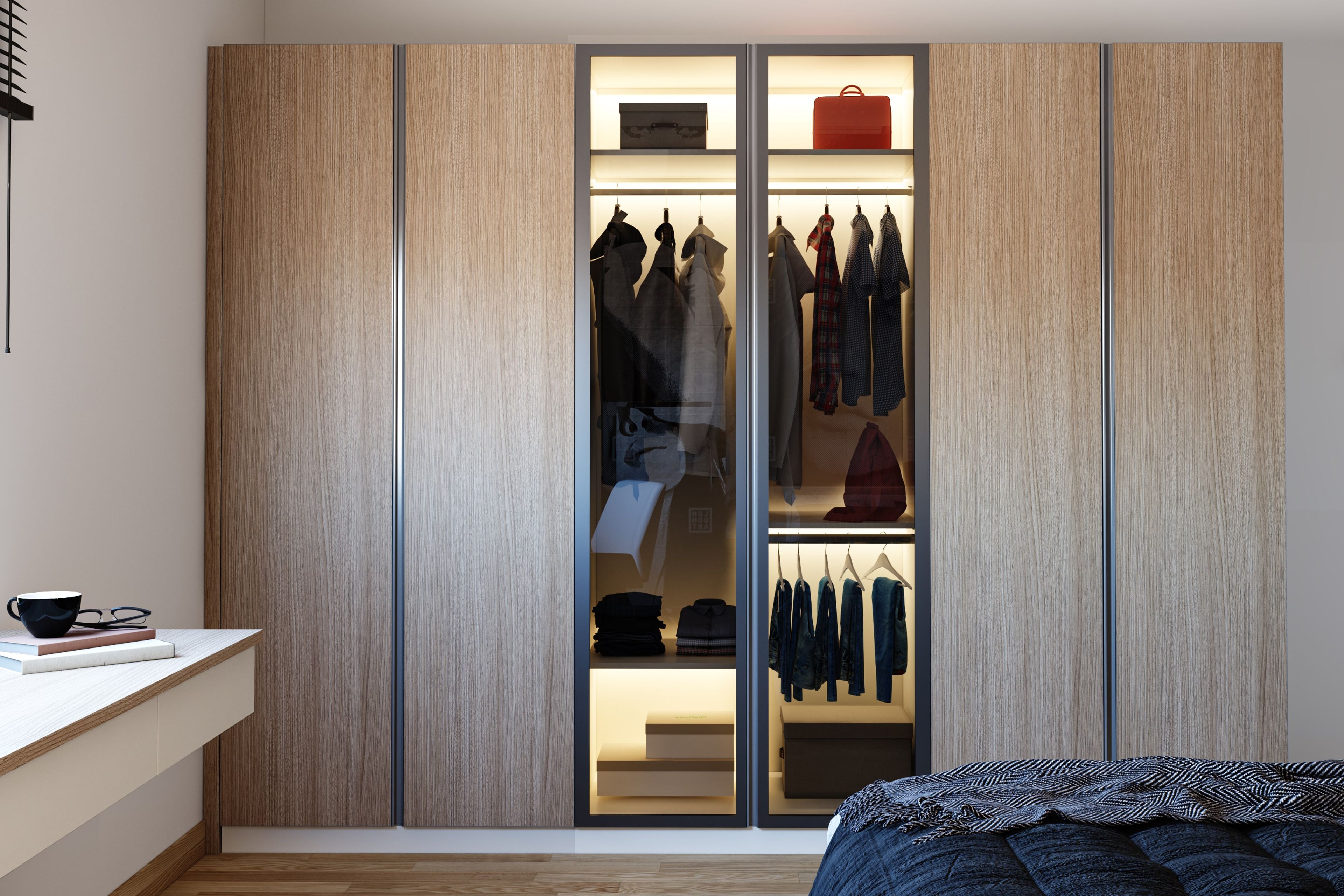 Modern Wooden Textured Wardrobe Design For Couples