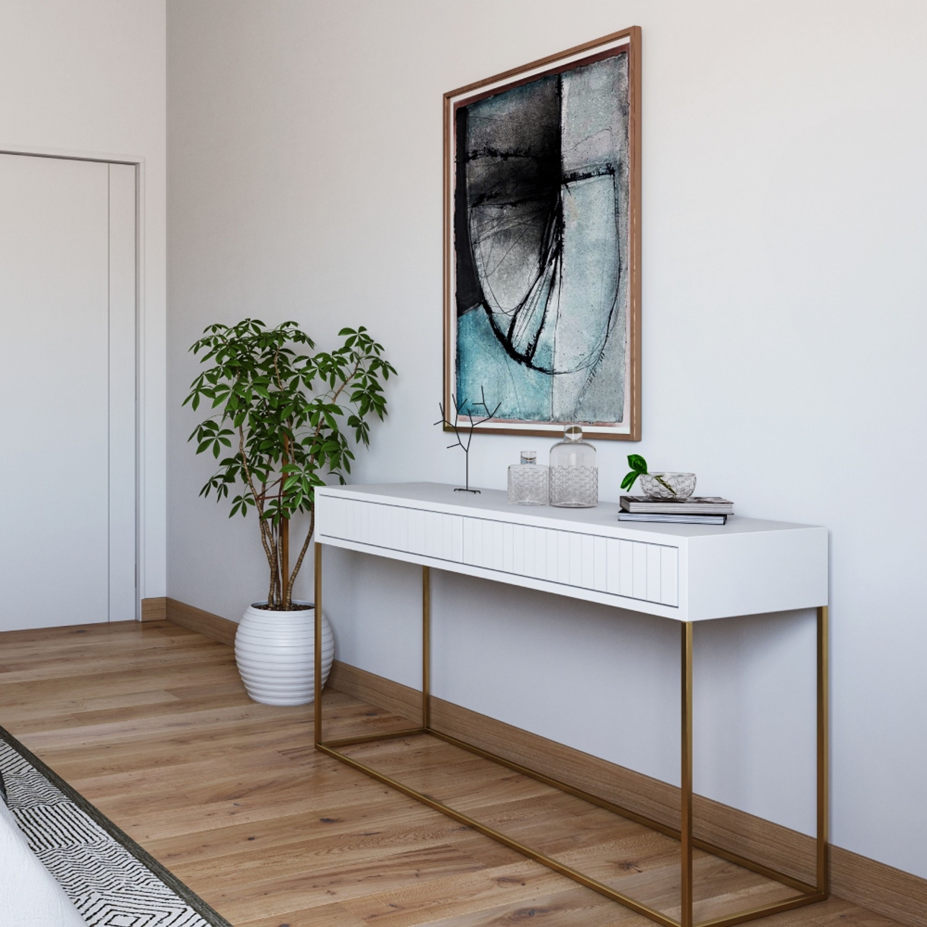 Contemporary Frosty White Foyer Design With Drawer Unit